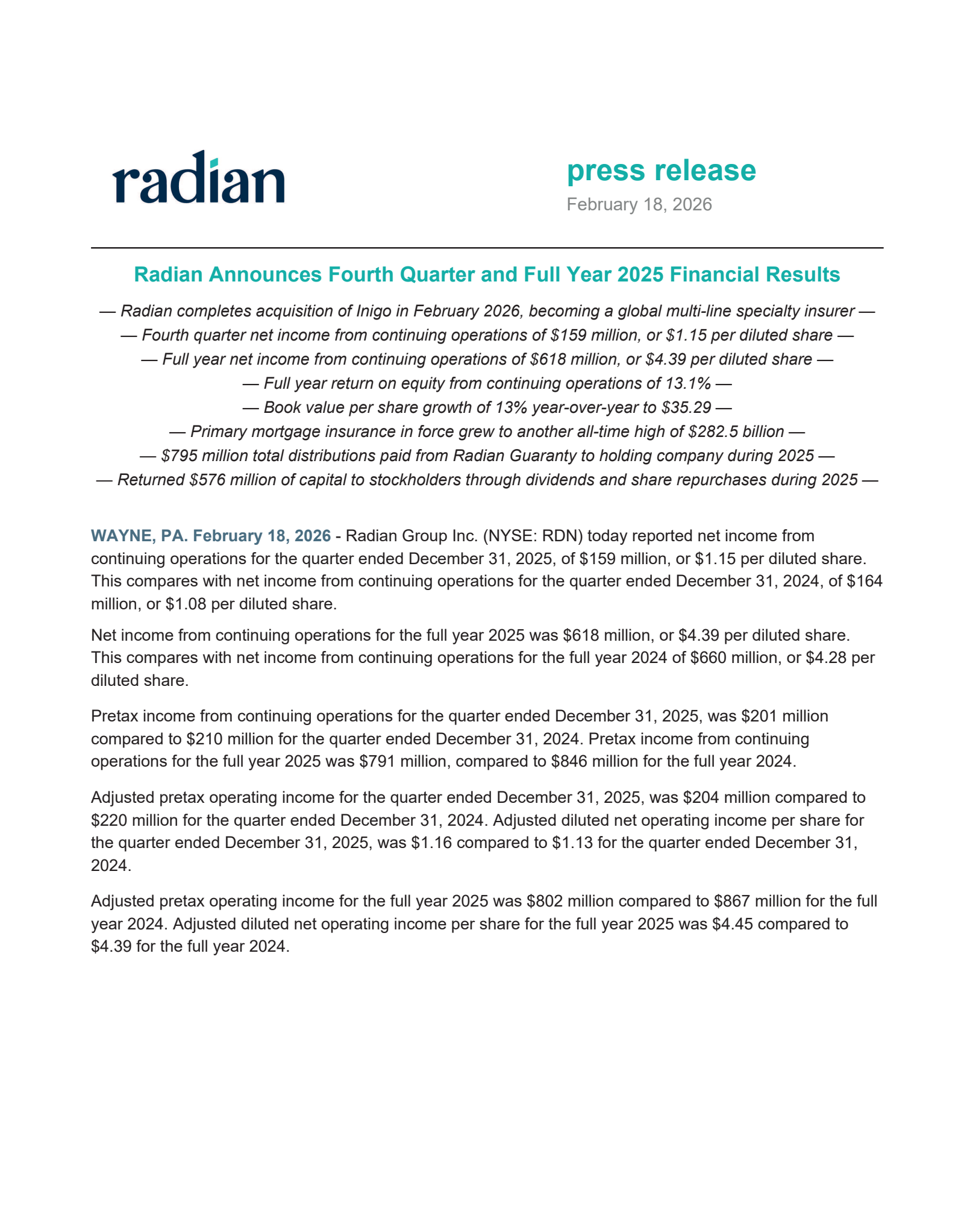 Radian Group's Q4 2025 Press Release