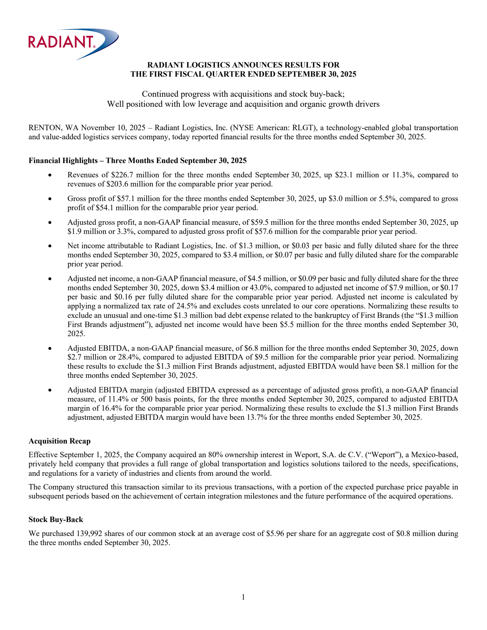 Radiant Logistics' Q1 2026 Earnings Release