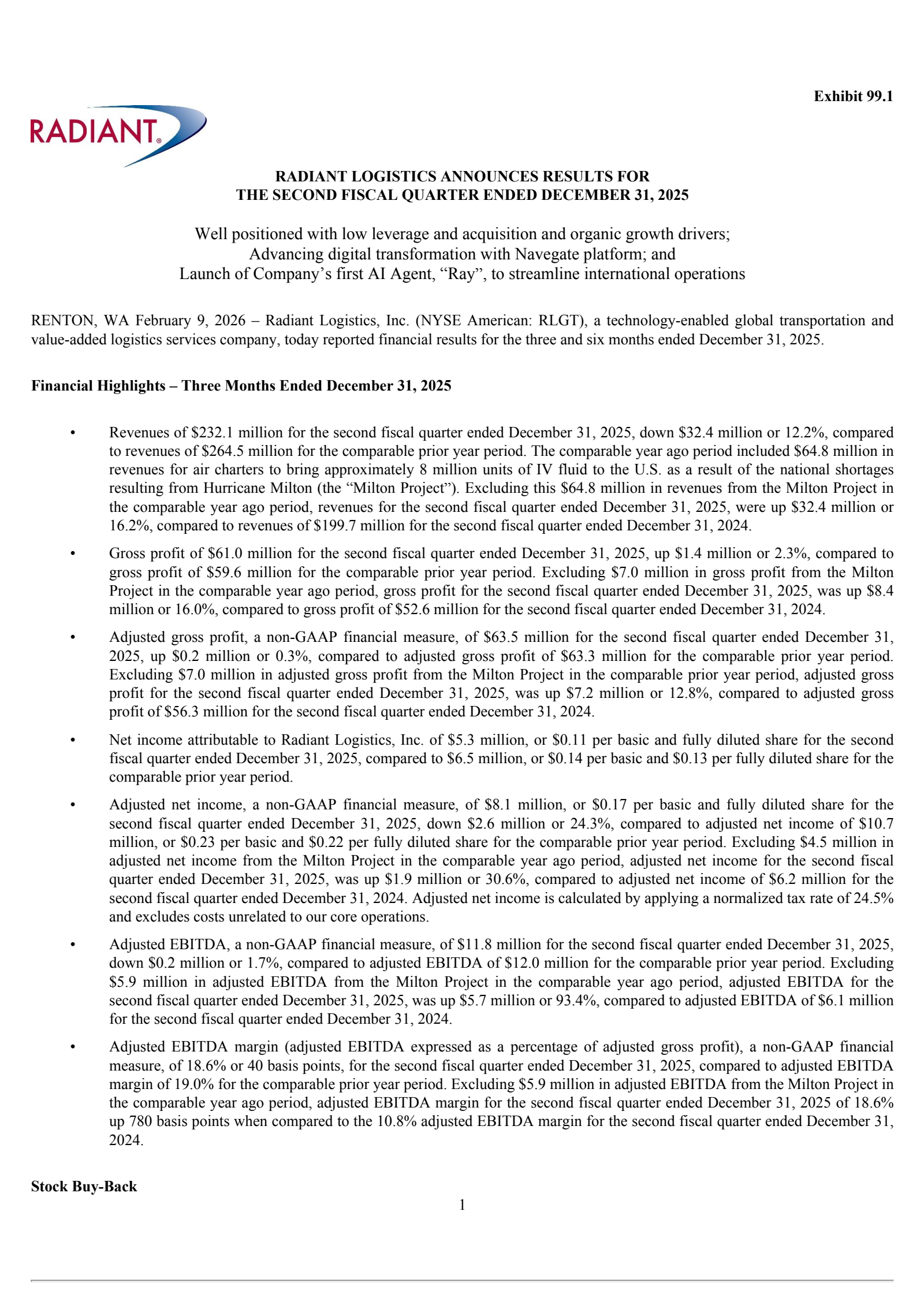 Radiant Logistics' Q2 2026 Press Release