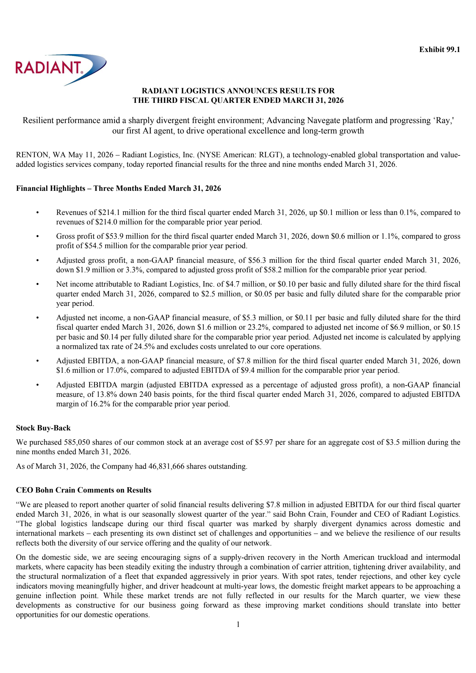 Radiant Logistics' Q3 2026 Press Release