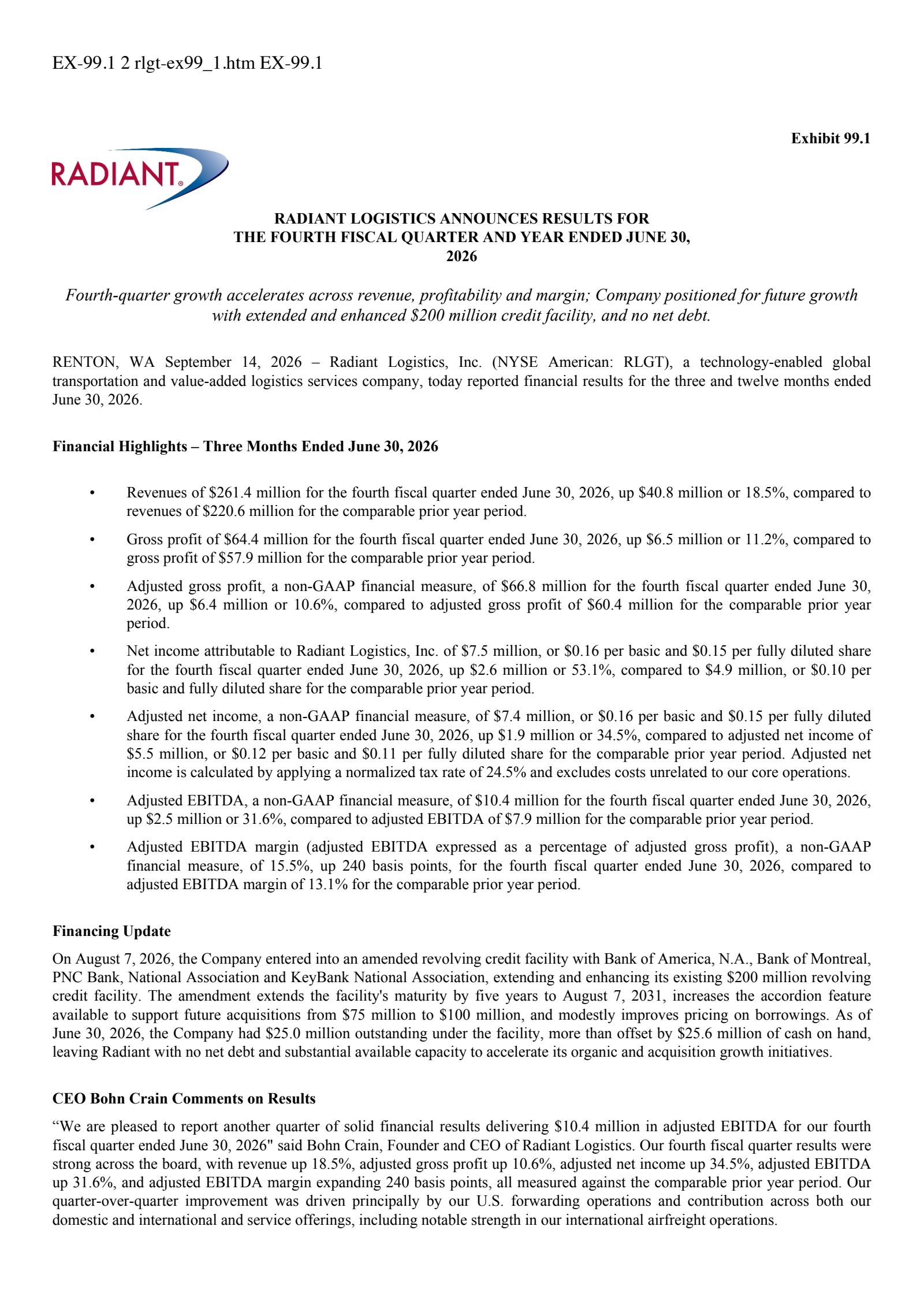Radiant Logistics' Q4 2026 Press Release