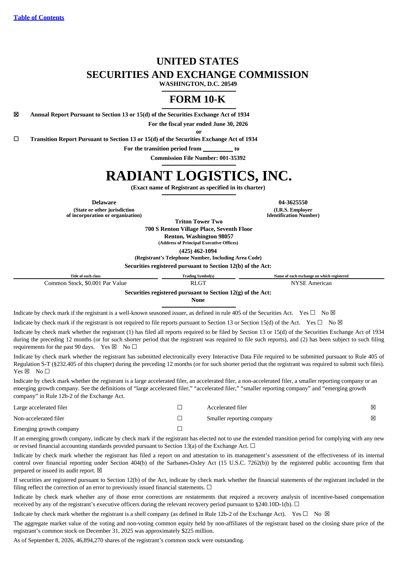 Radiant Logistics' Q4 2026 Annual report