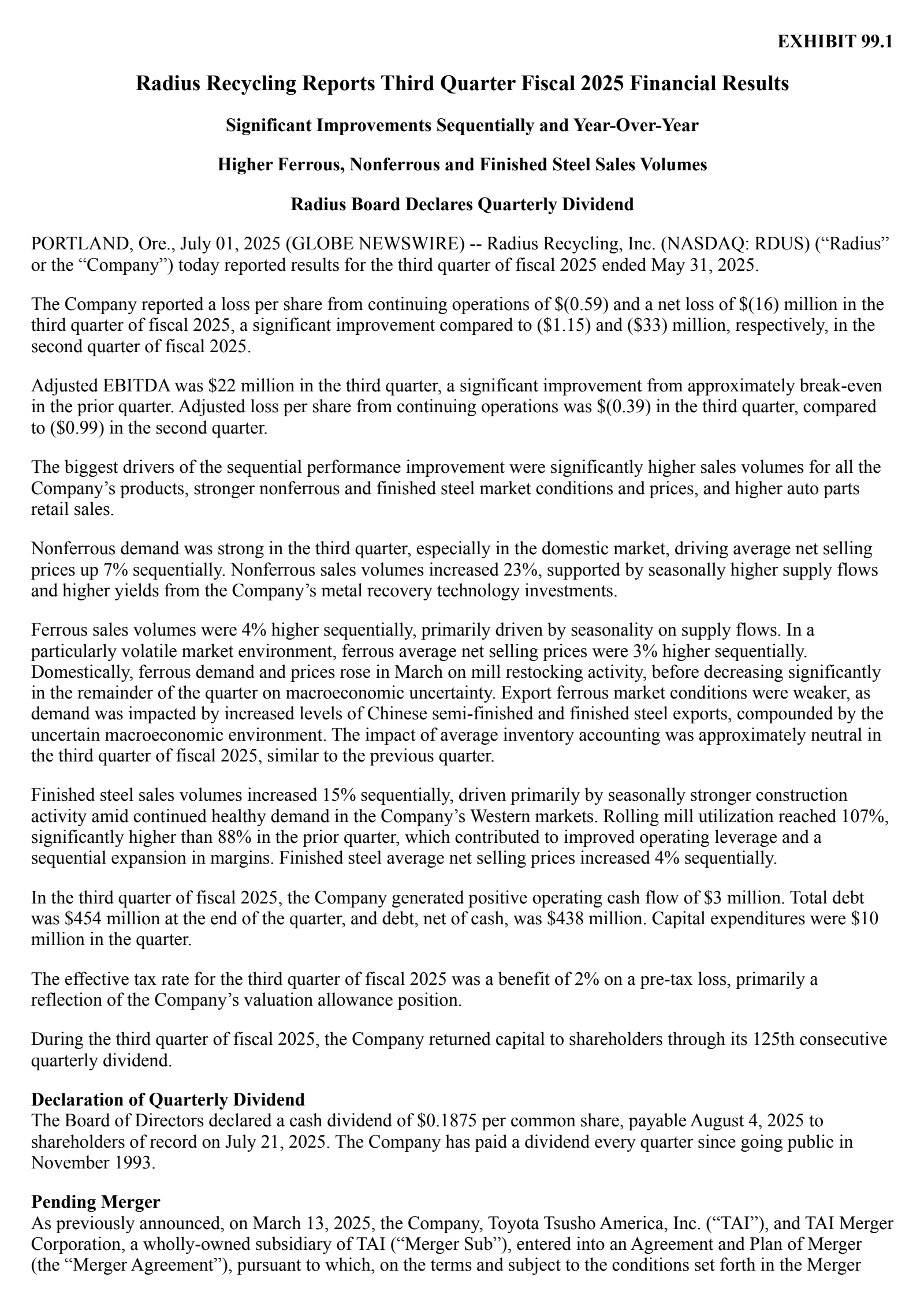 Radius Recycling's Q3 2025 Press Release