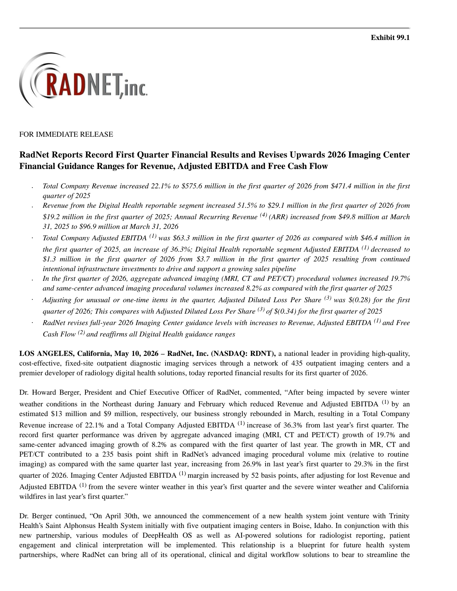 RadNet's Q1 2026 Press Release