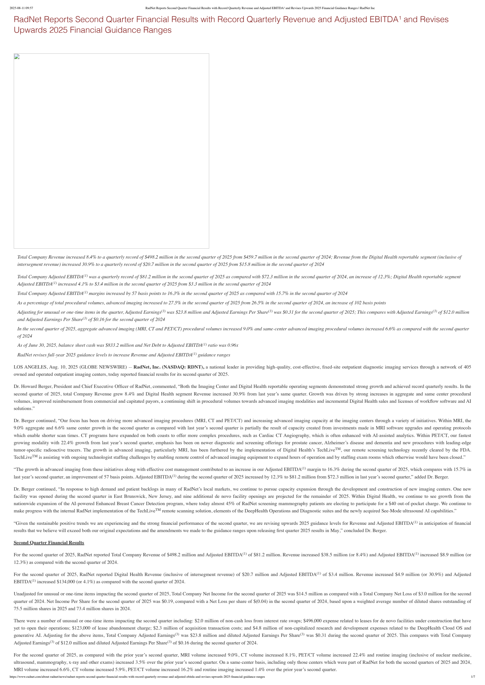 RadNet's Q2 2025 Press Release