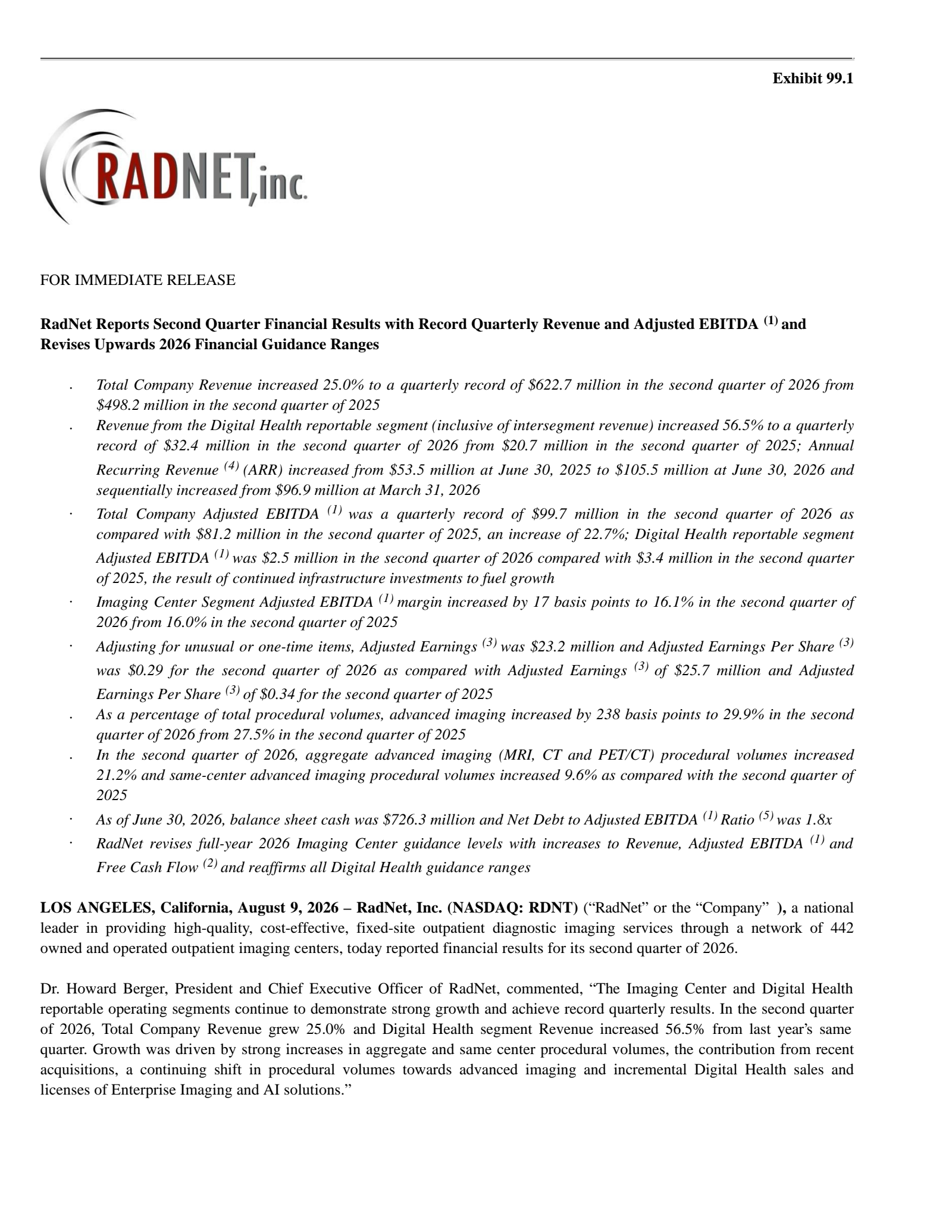 RadNet's Q2 2026 Press Release