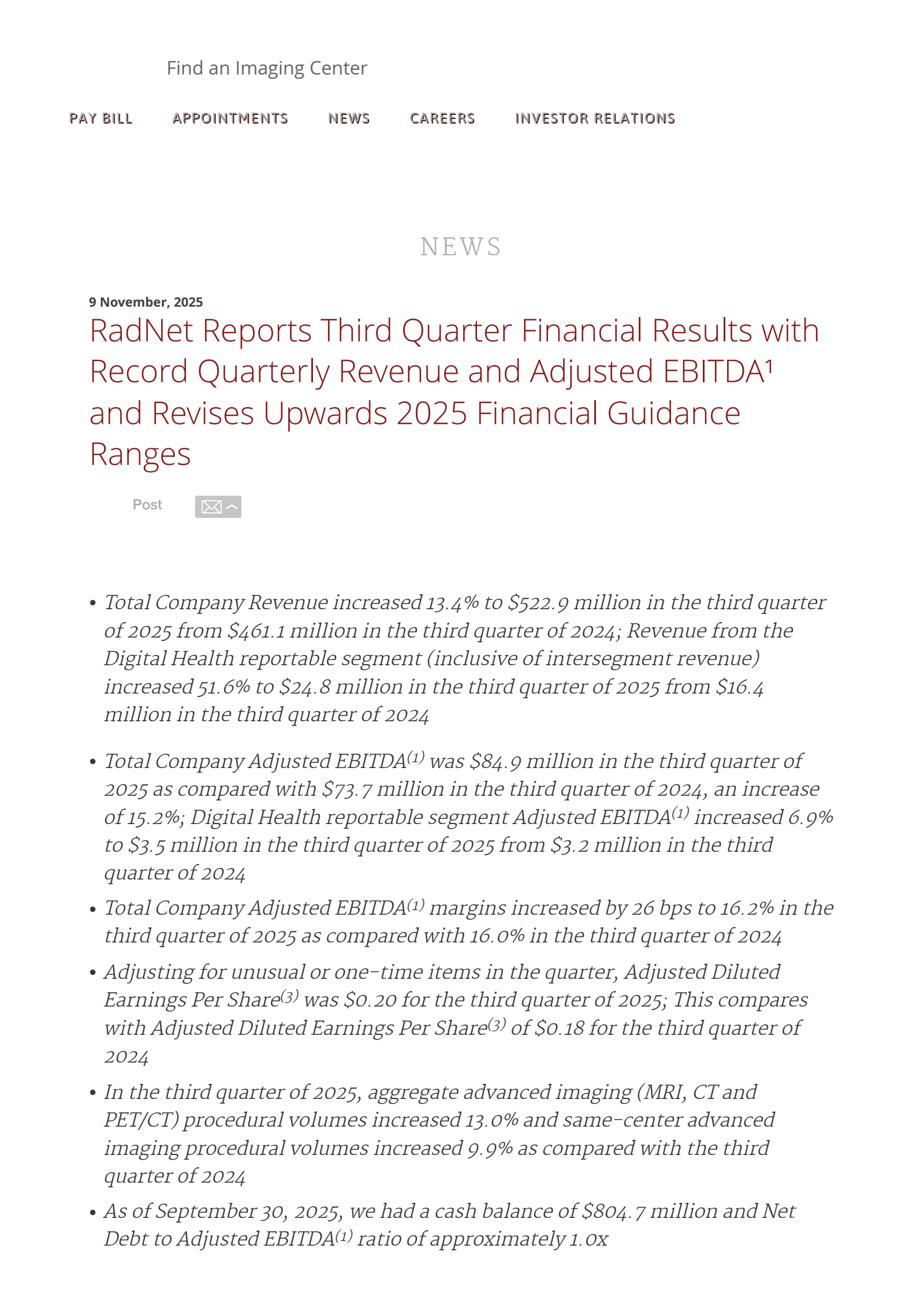 RadNet's Q3 2025 Earnings Release