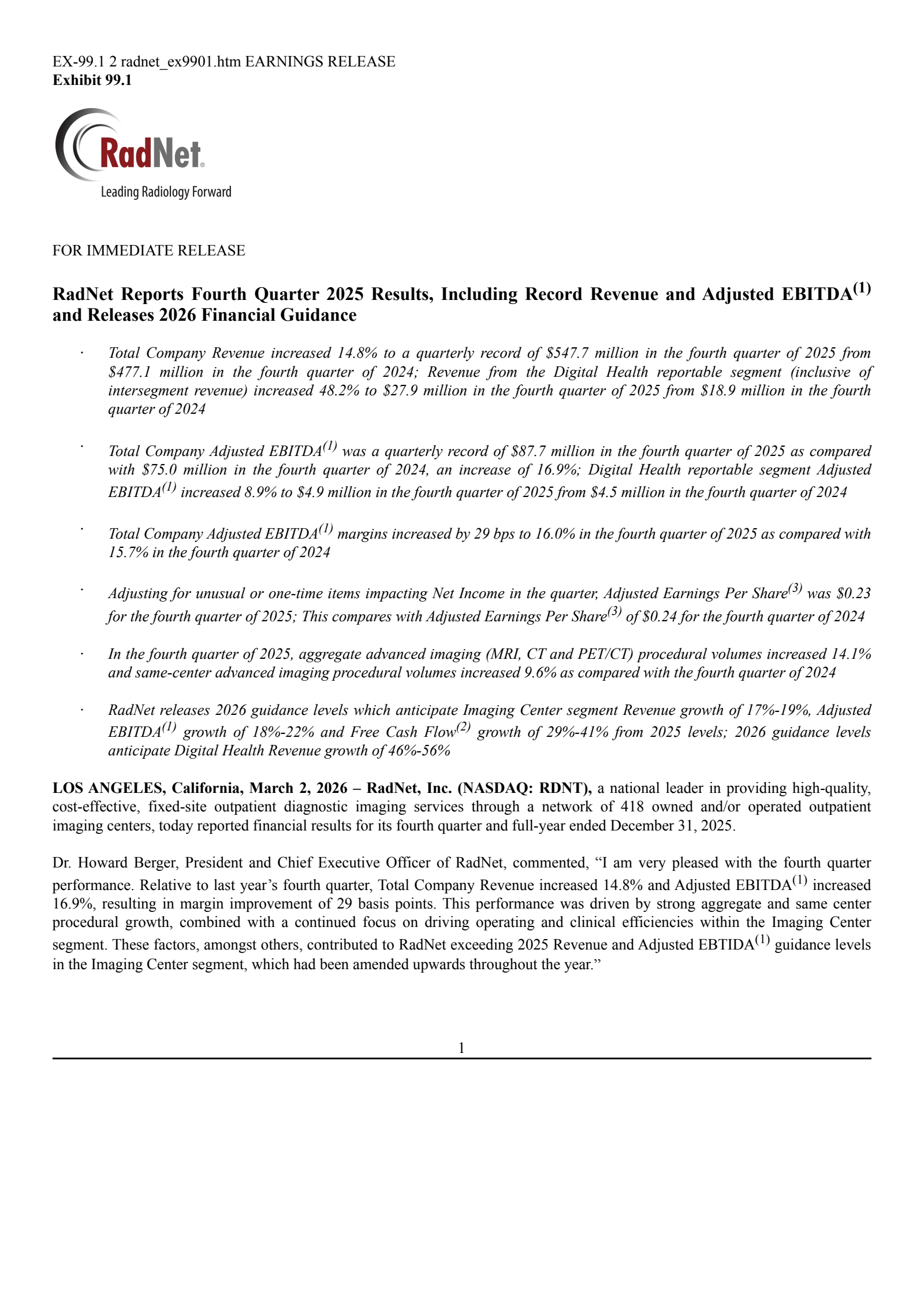 RadNet's Q4 2025 Press Release