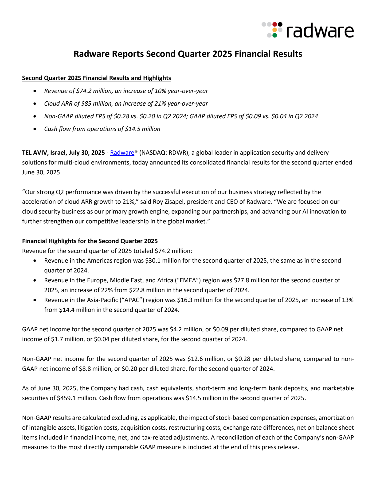 Radware's Q2 2025 Press Release