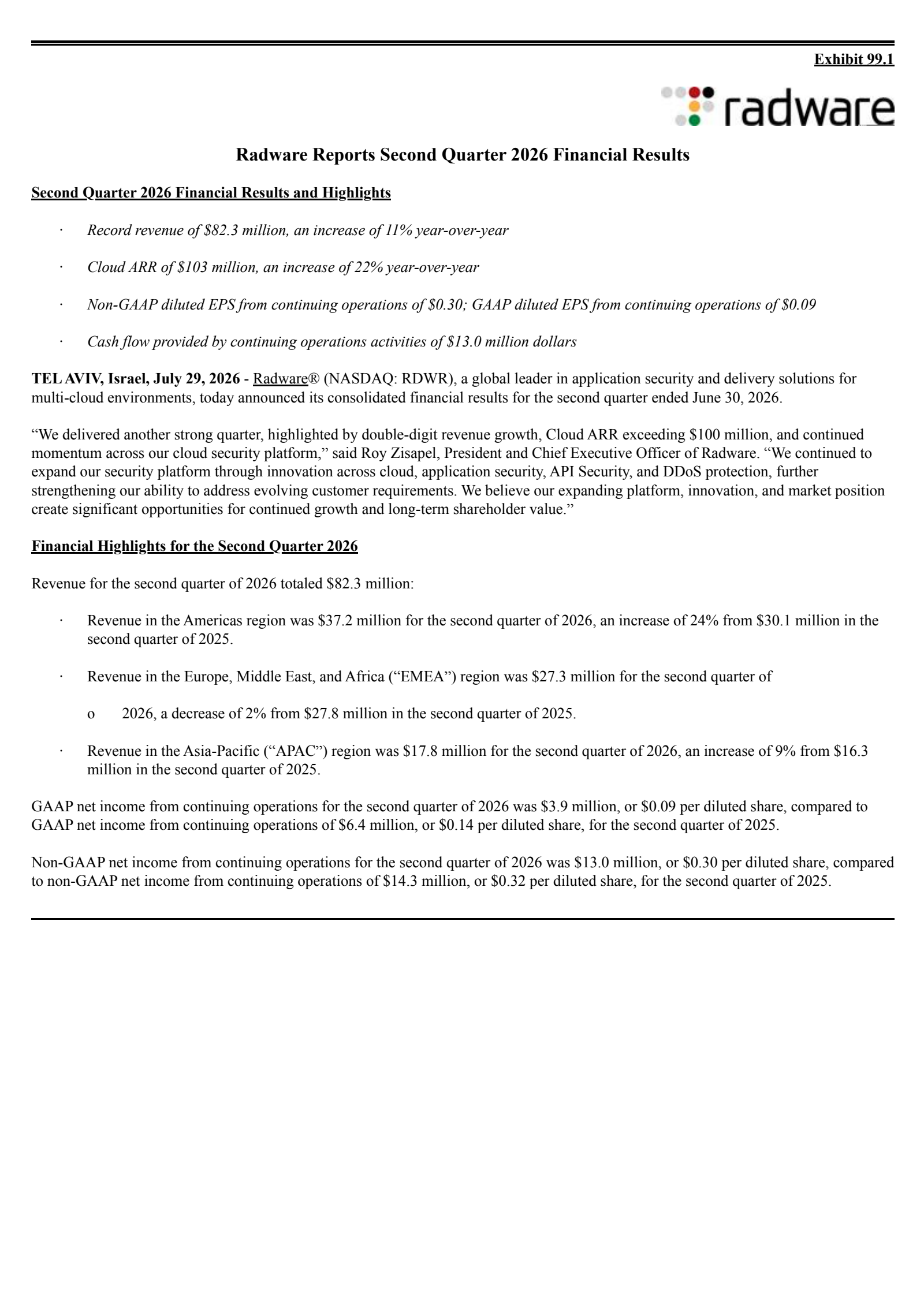 Radware's Q2 2026 Press Release