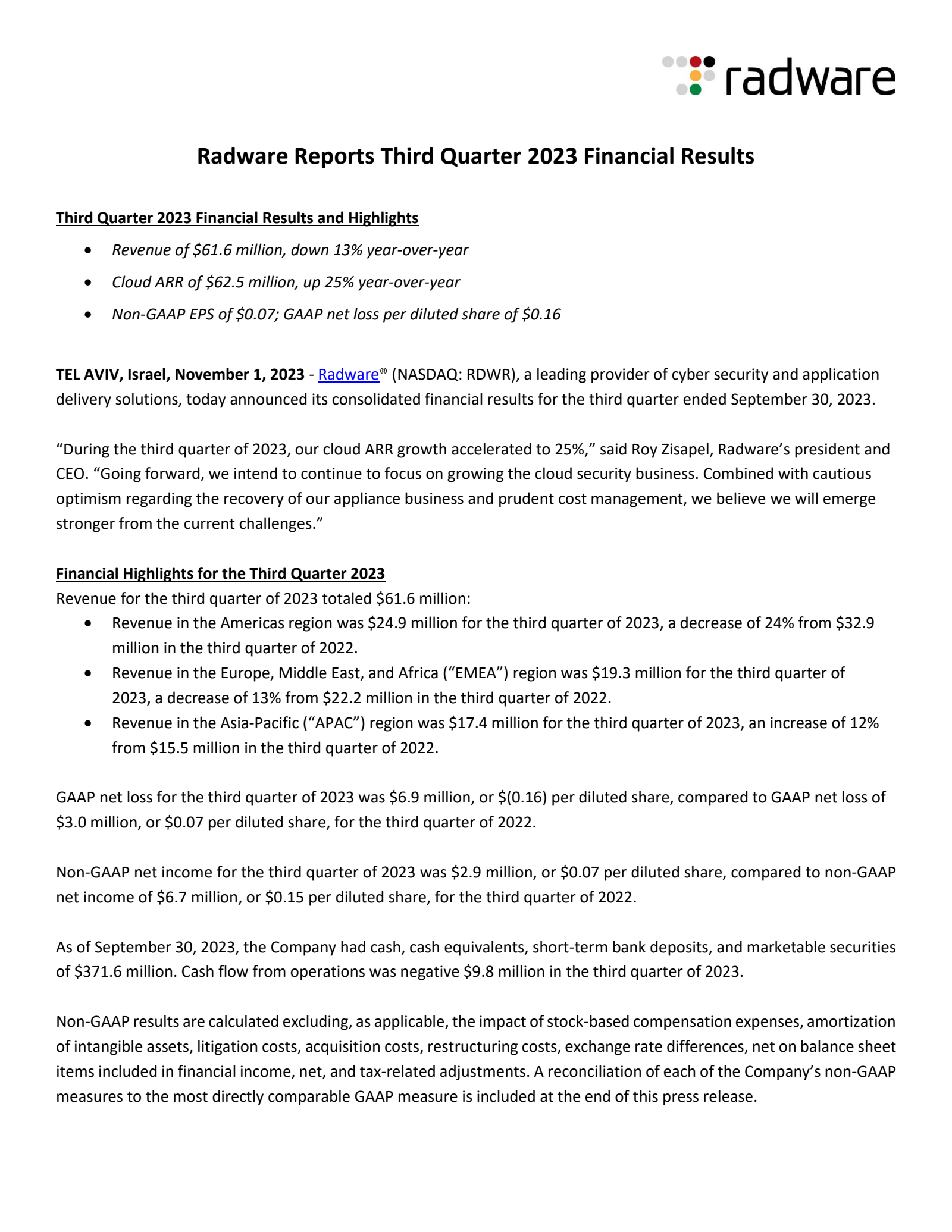 Radware's Q3 2023 Press Release