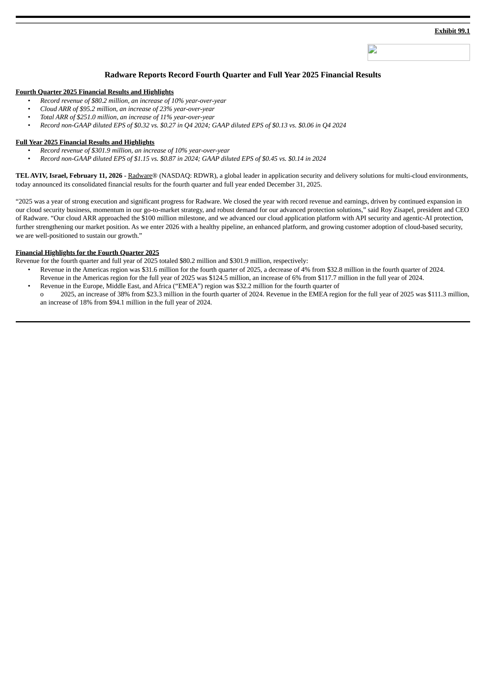 Radware's Q4 2025 Press Release