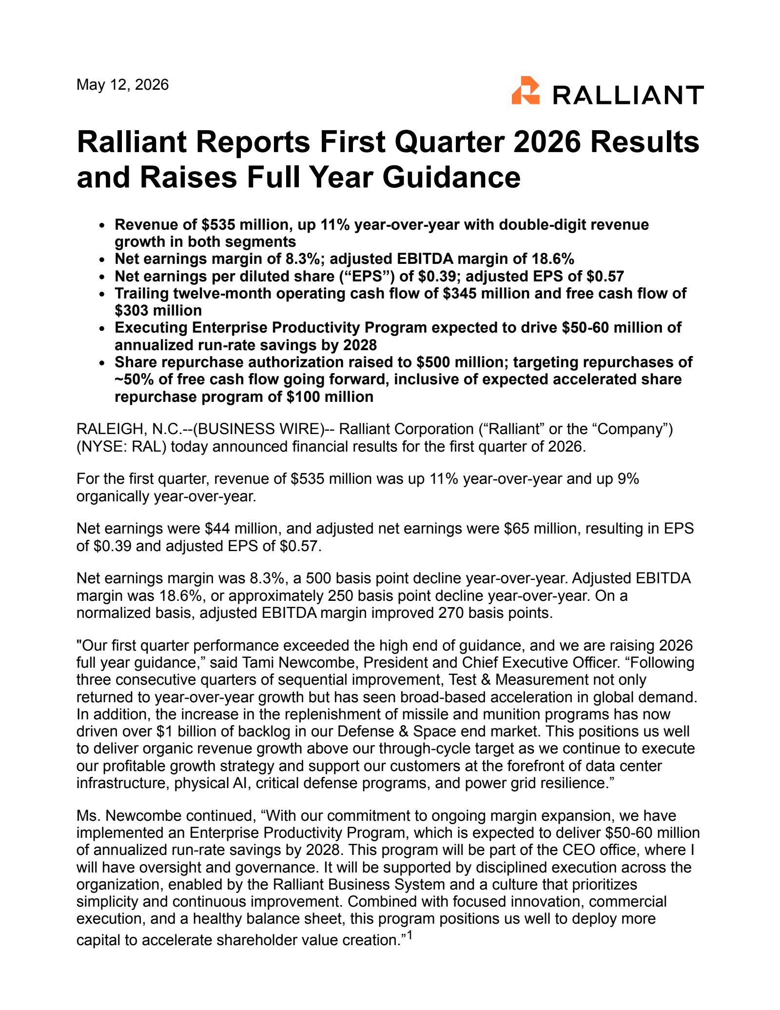 Ralliant's Q1 2026 Press Release