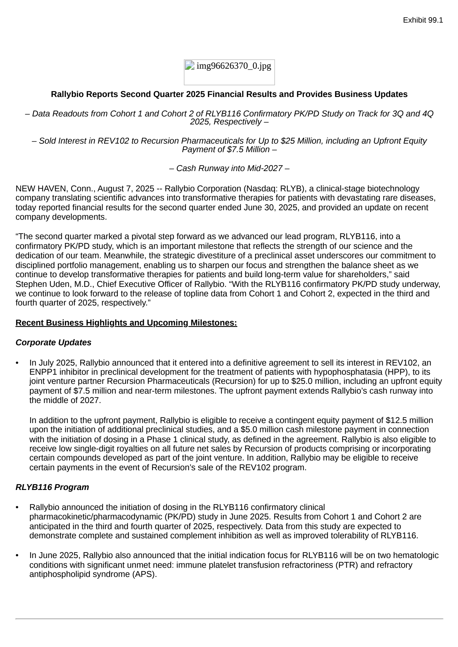 Rallybio's Q2 2025 Press Release
