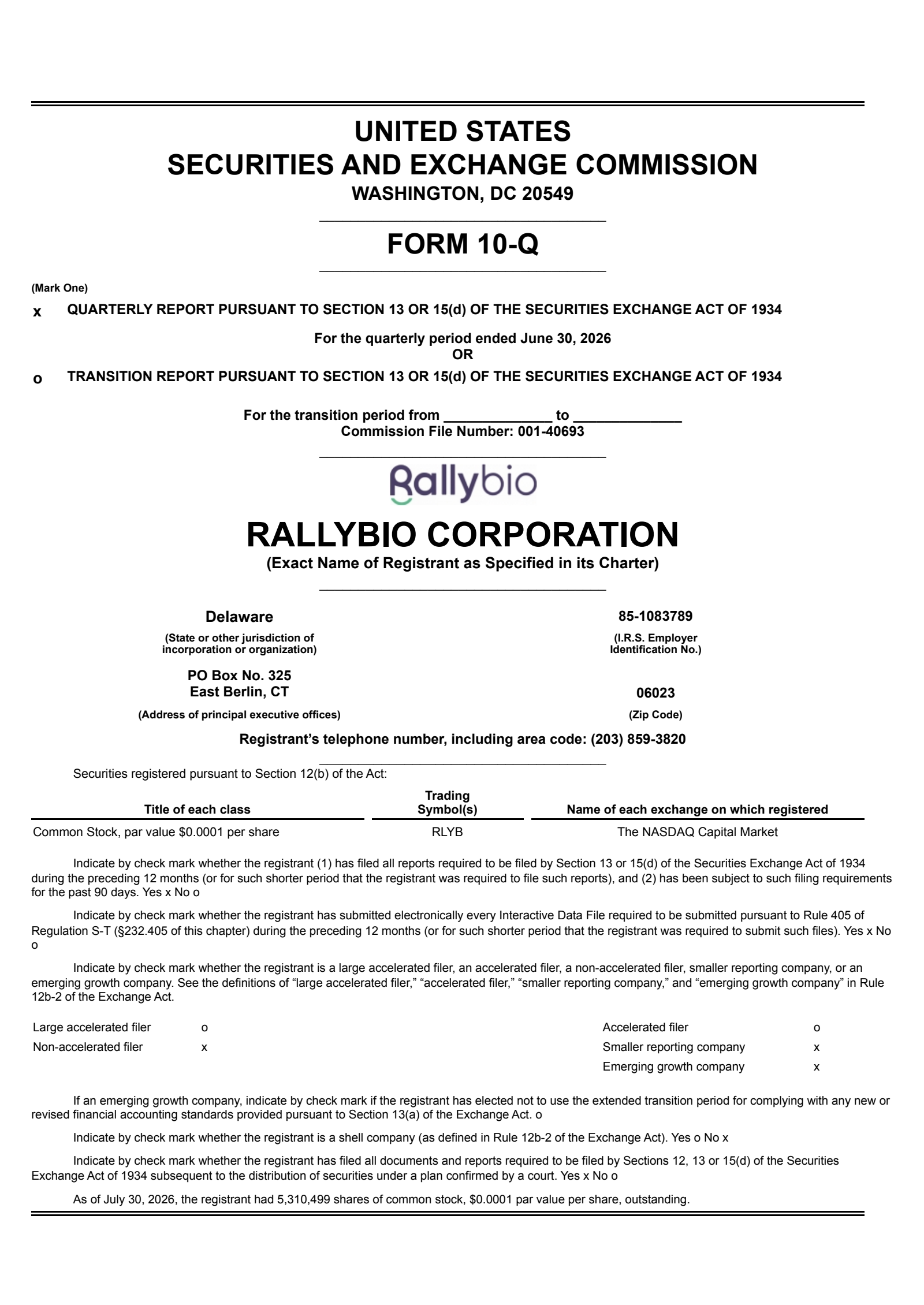 Rallybio's Q2 2026 Quarterly report