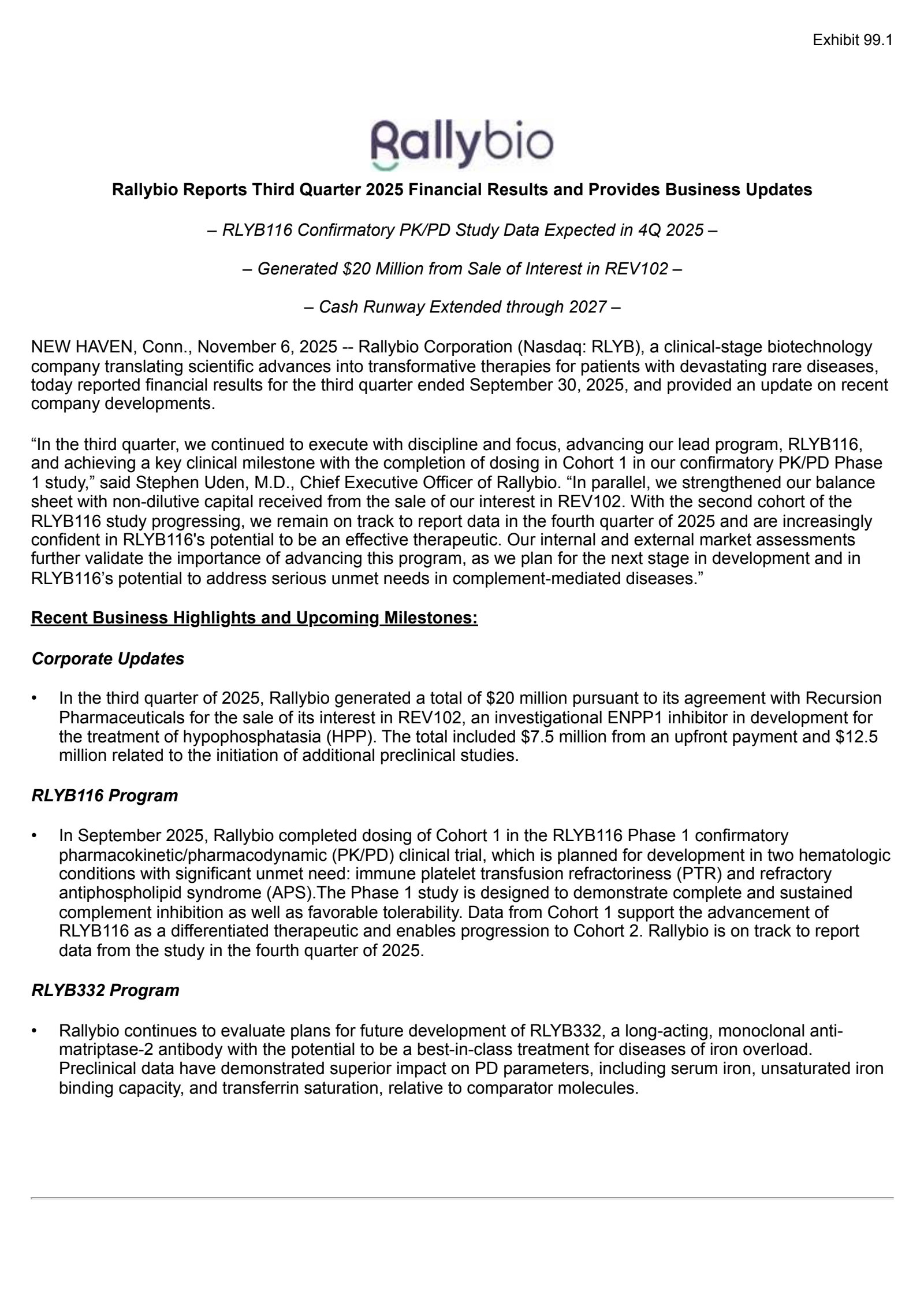 Rallybio's Q3 2025 Earnings Release