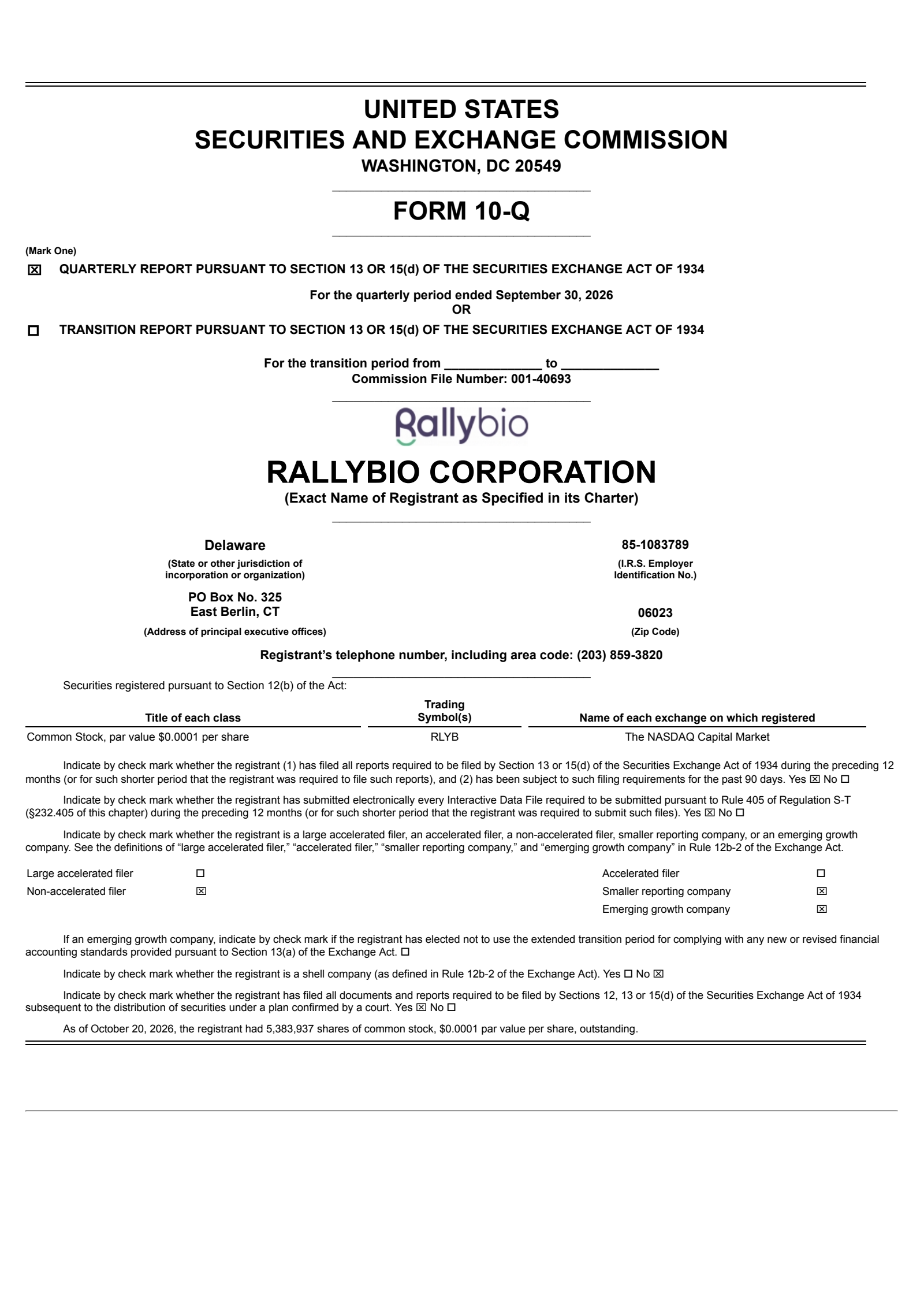 Rallybio's Q3 2026 Quarterly report