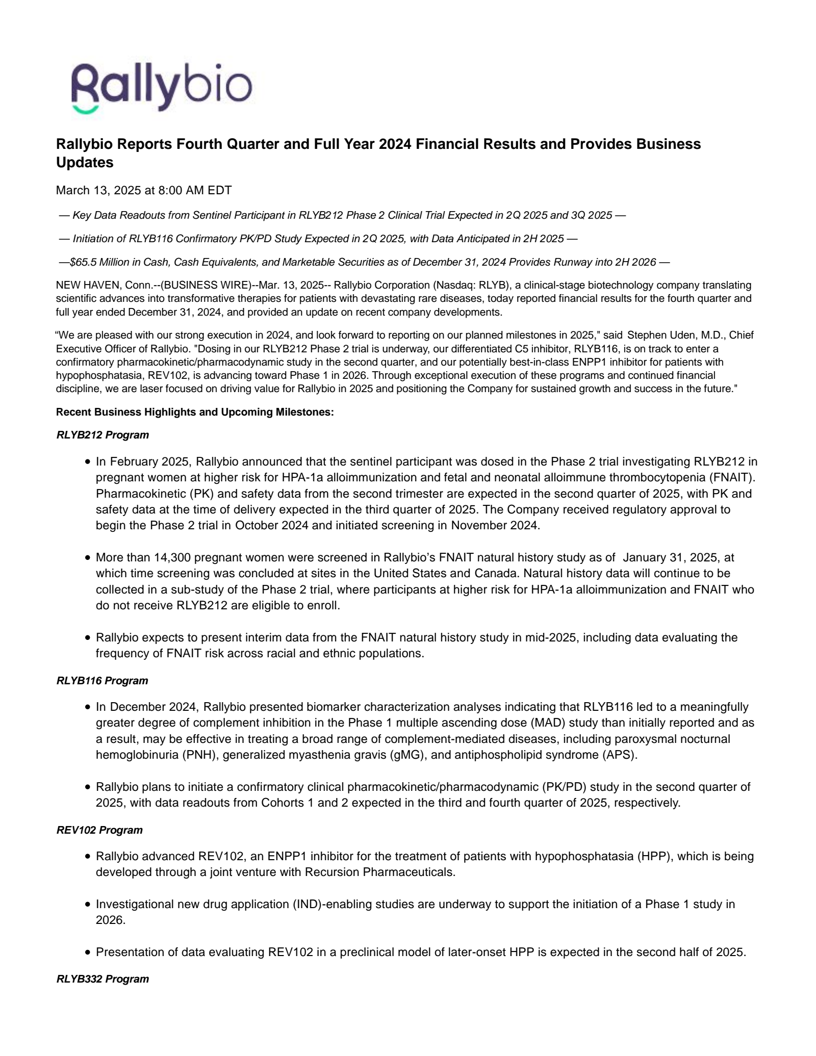 Rallybio's Q4 2024 Annual report