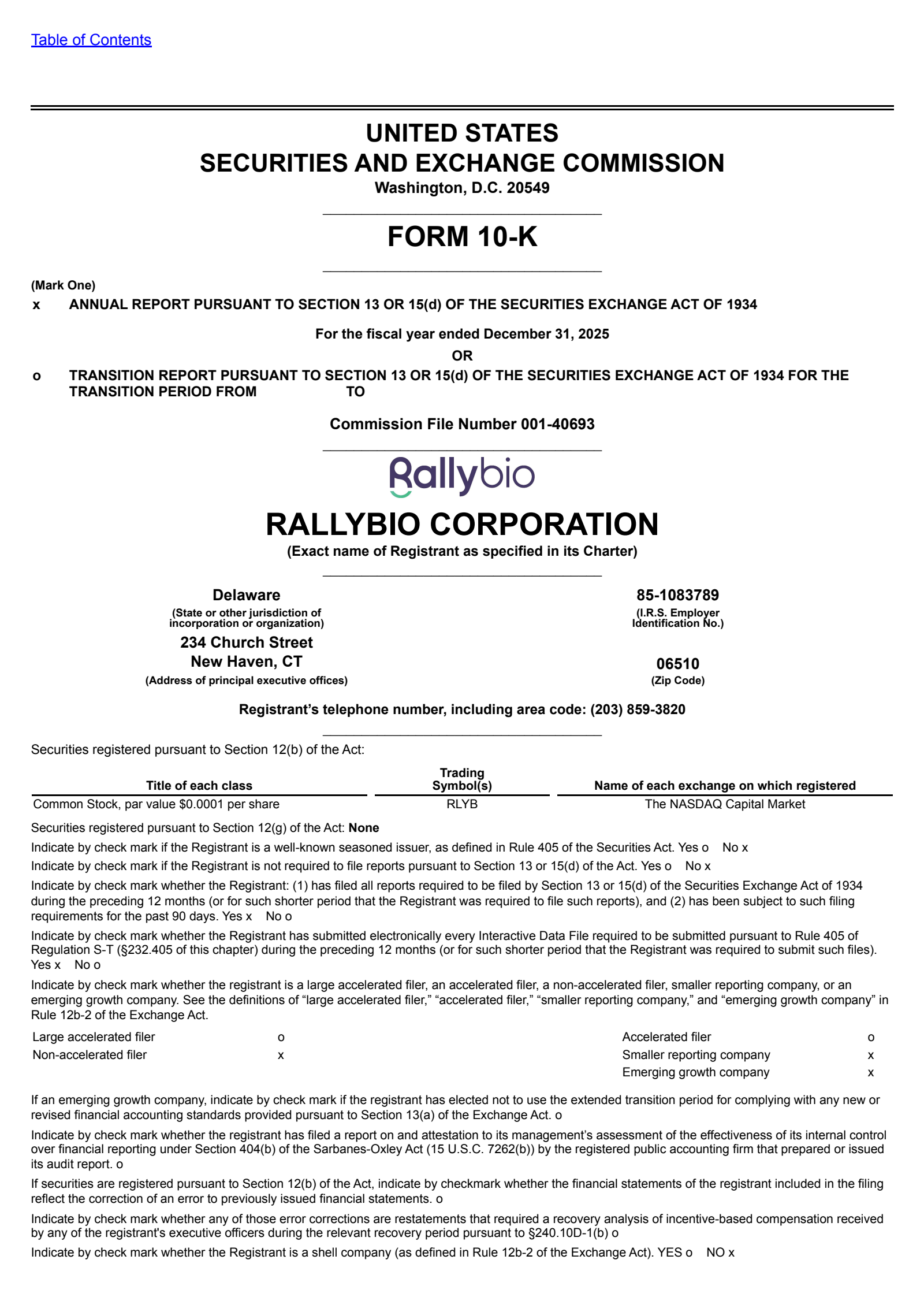 Rallybio's Q4 2025 Annual report