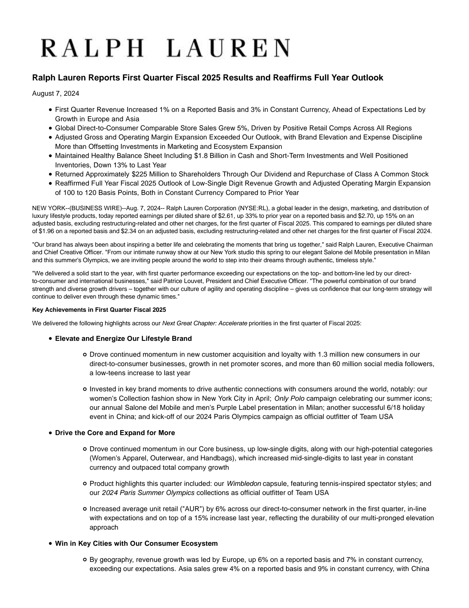 Ralph Lauren's Q1 2025 Press Release