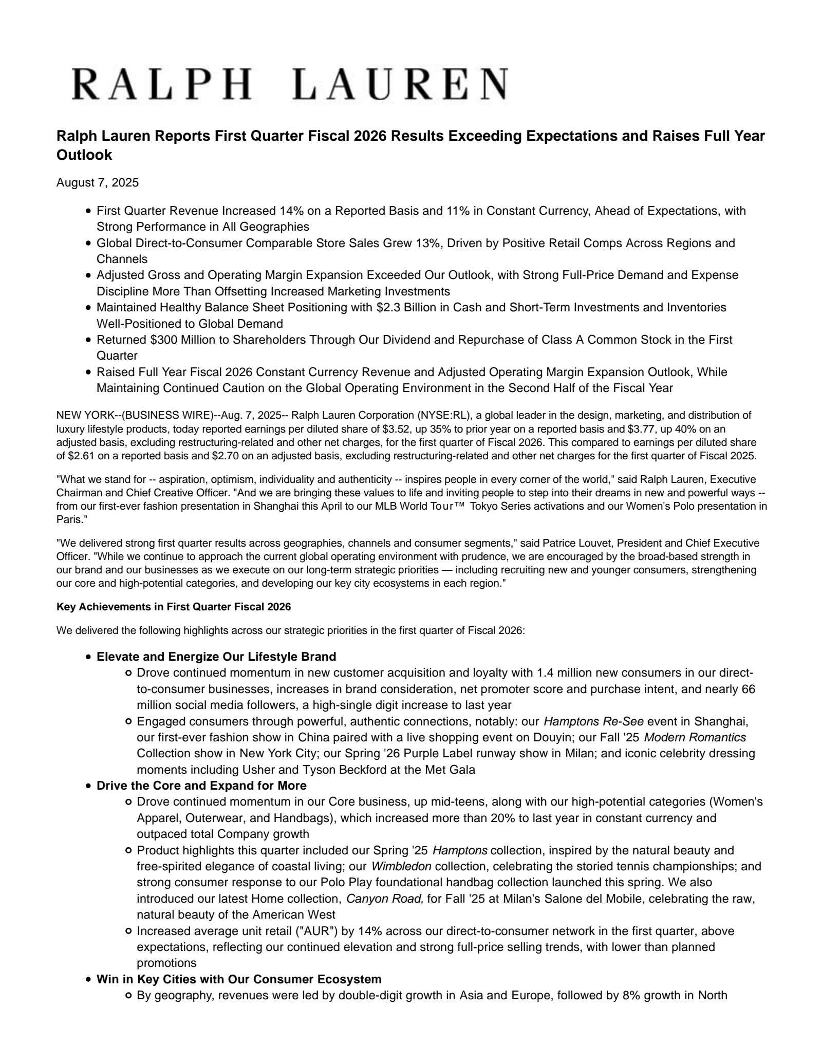 Ralph Lauren's Q1 2026 Press Release