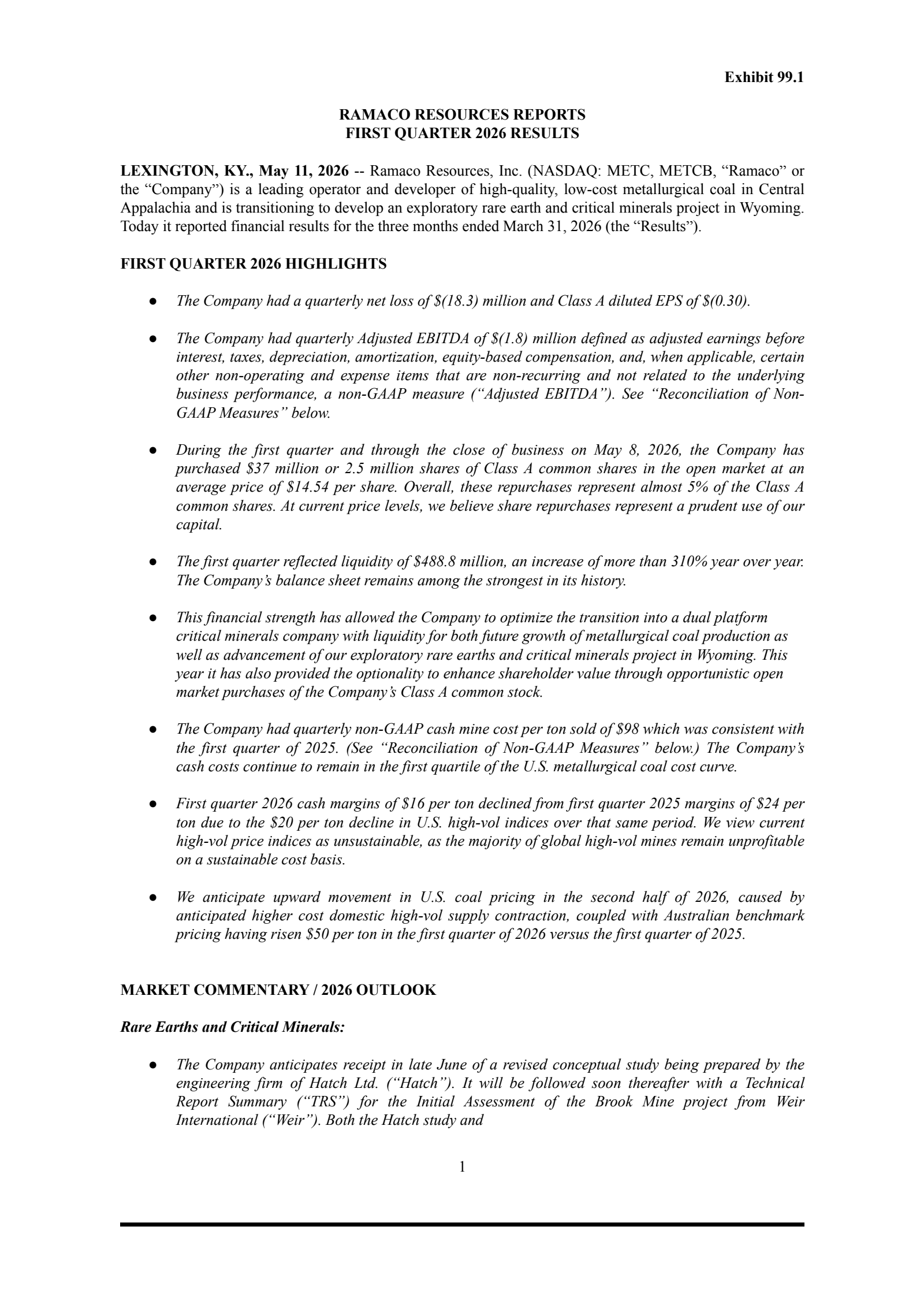 Ramaco Resources' Q1 2026 Press Release