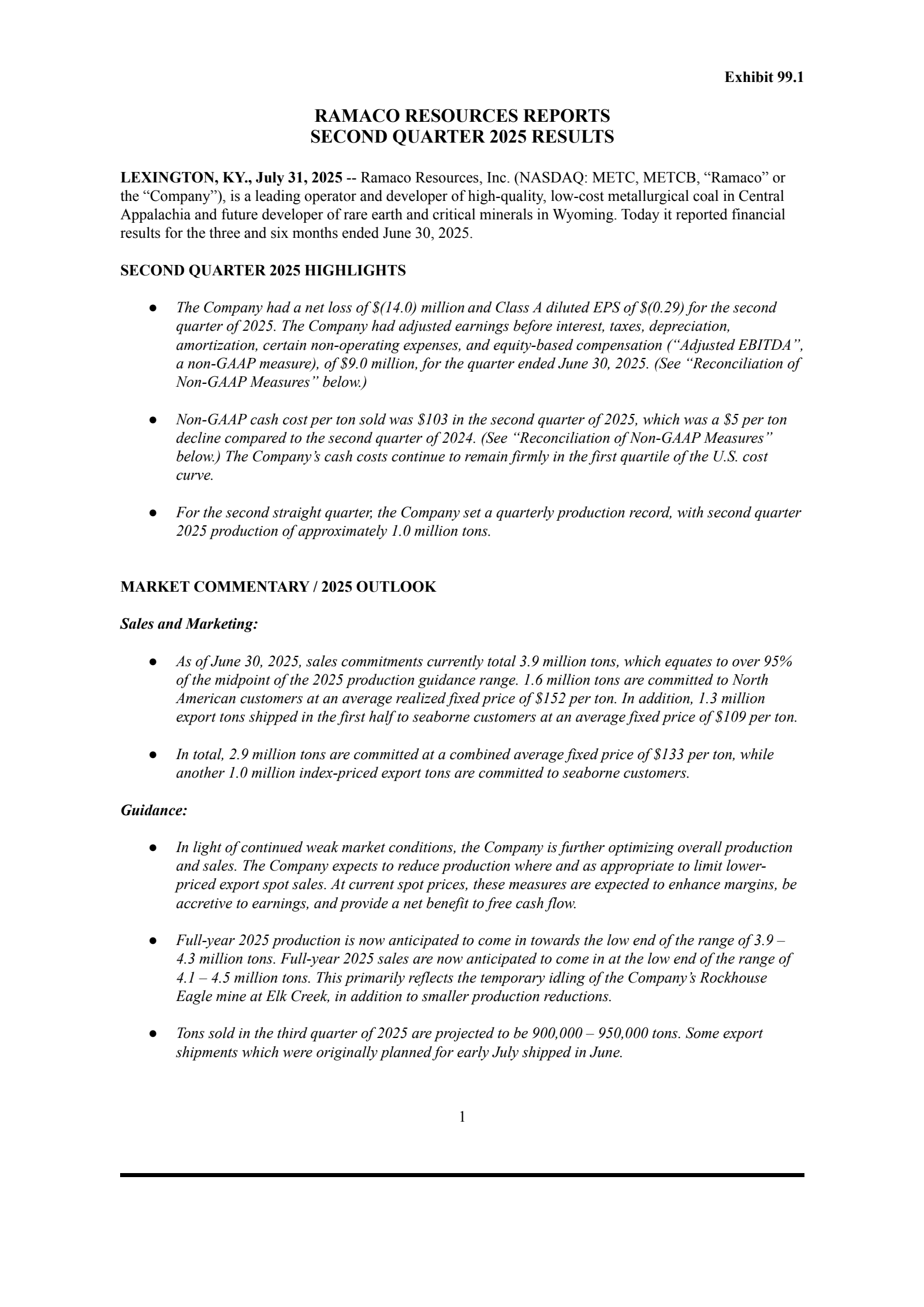 Ramaco Resources' Q2 2025 Press Release