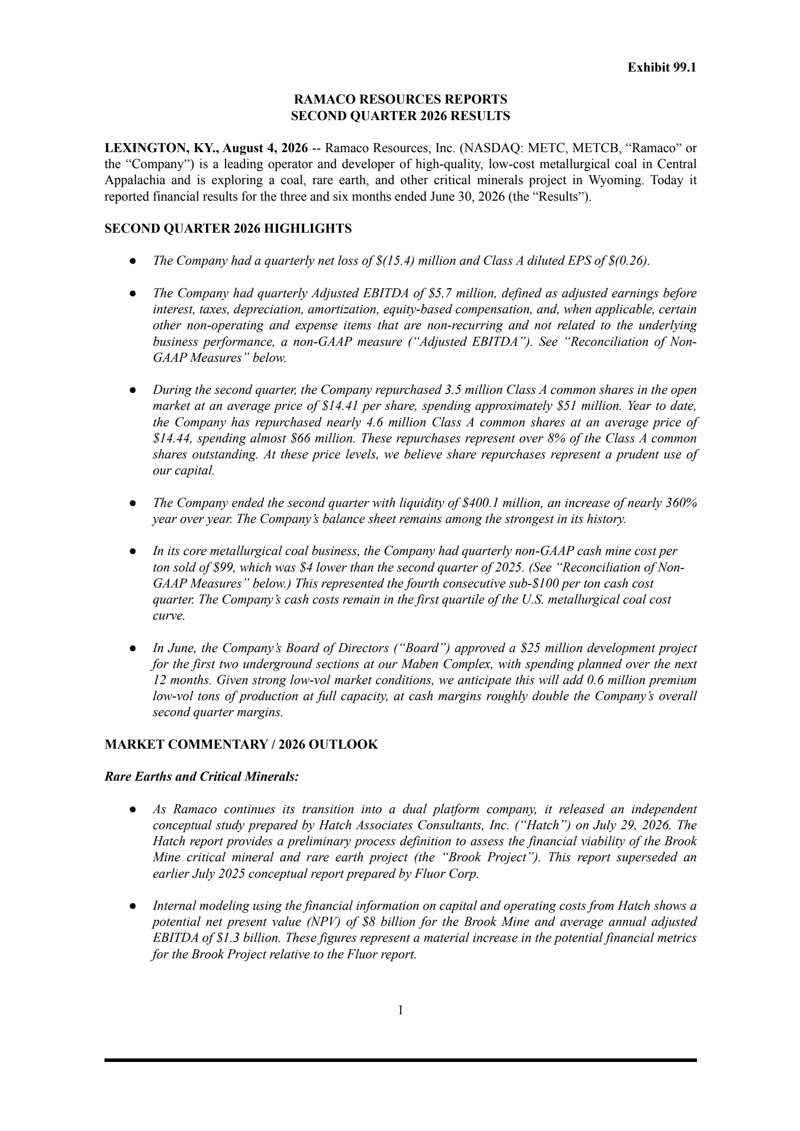 Ramaco Resources' Q2 2026 Press Release