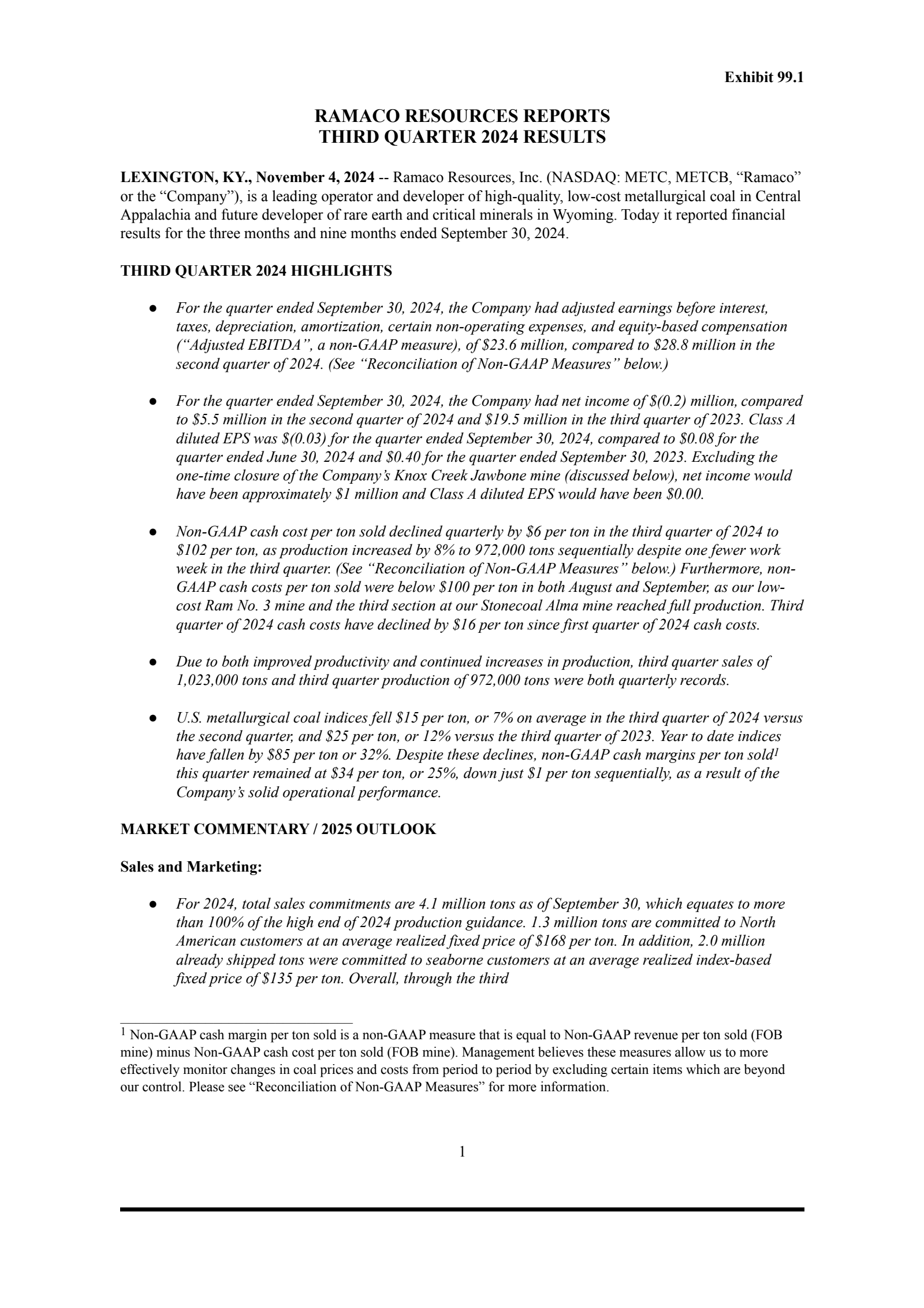 Ramaco Resources' Q3 2024 Press Release