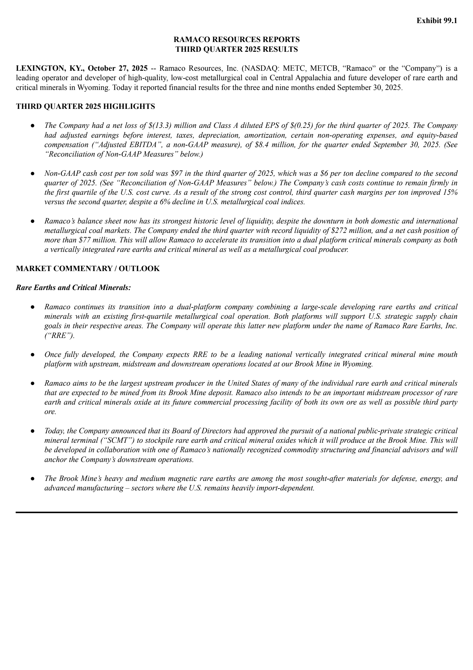 Ramaco Resources' Q3 2025 Earnings Release