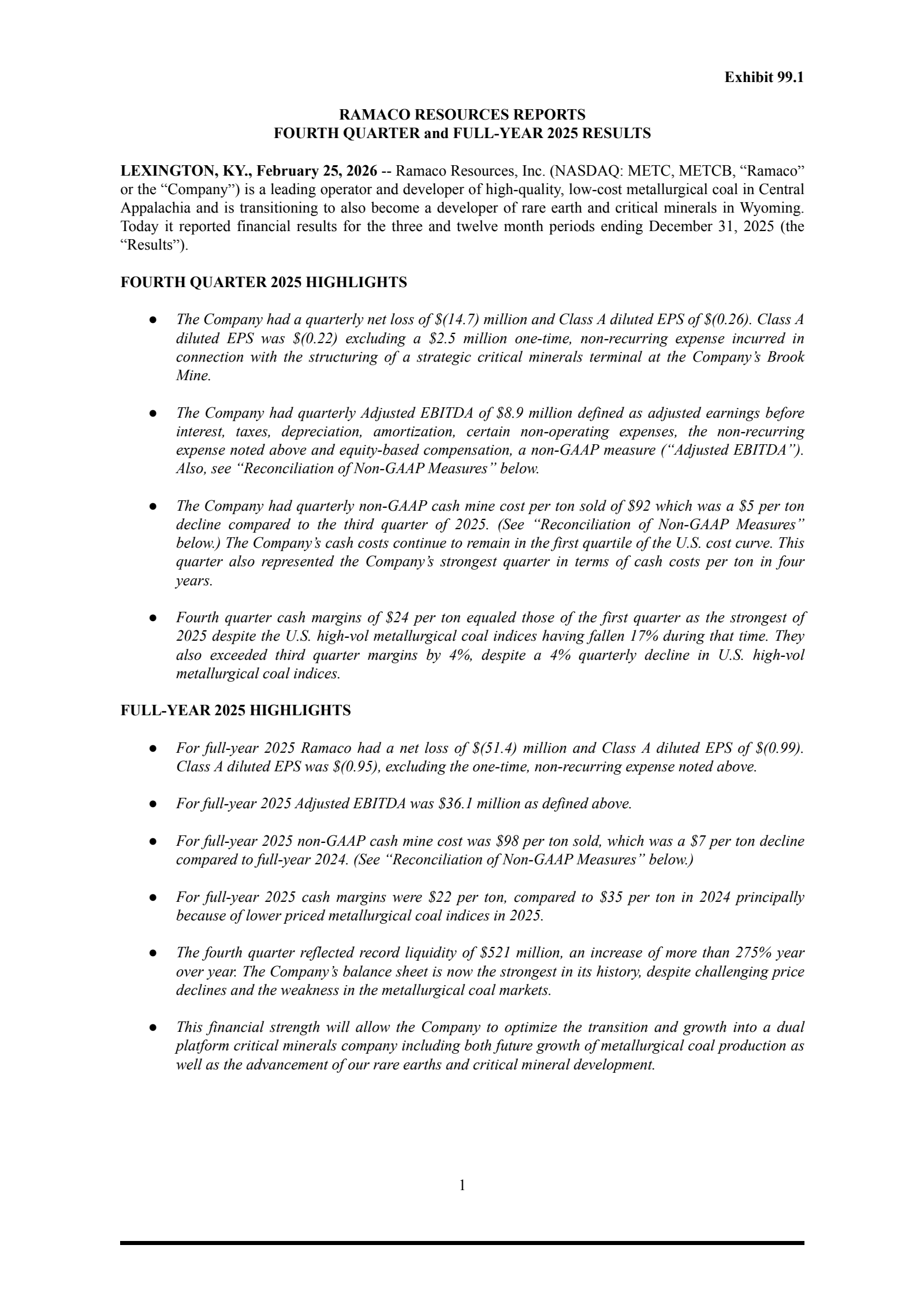 Ramaco Resources' Q4 2025 Press Release