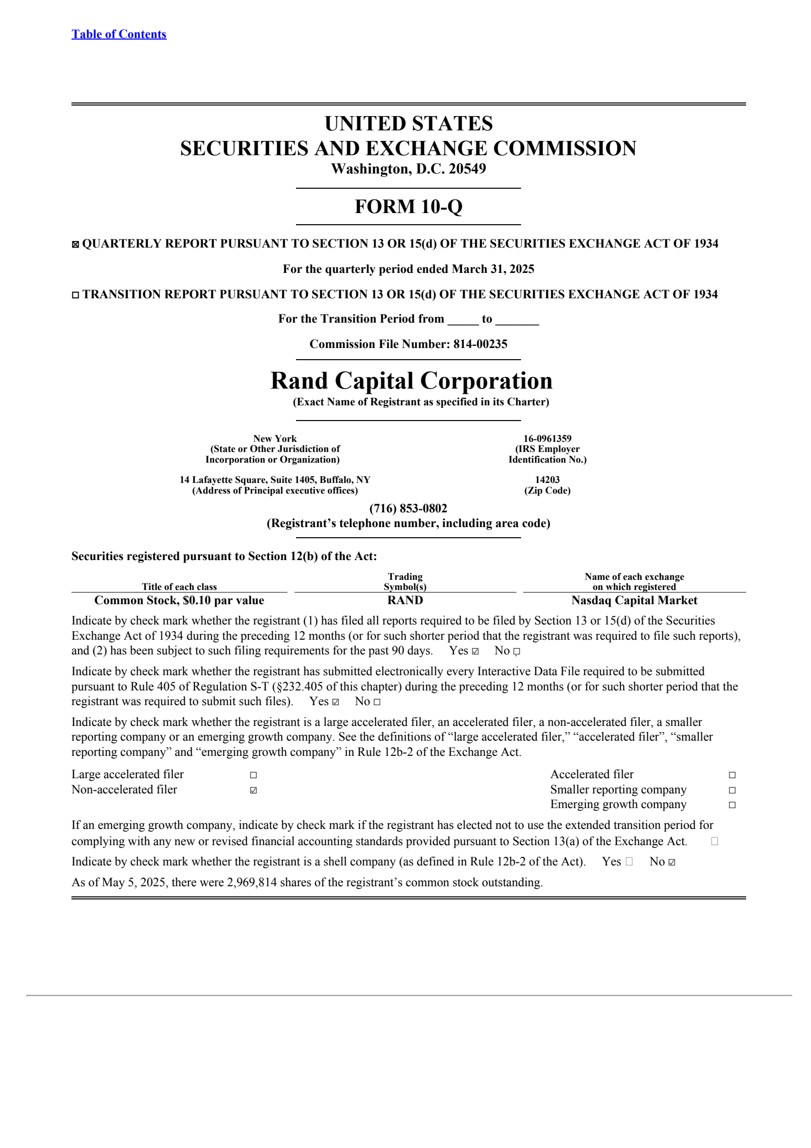 Rand Capital's Q1 2025 Quarterly report