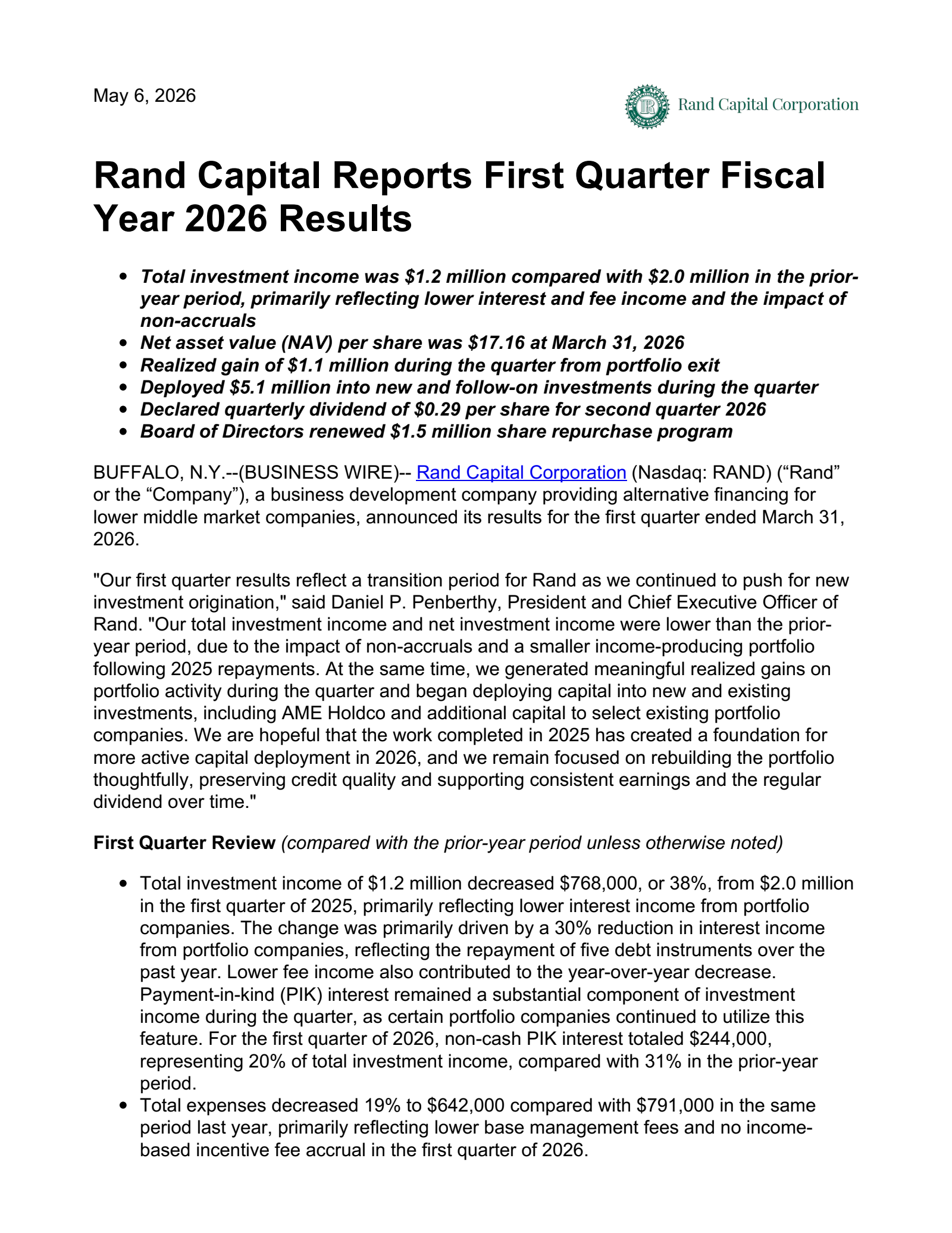 Rand Capital's Q1 2026 Press Release