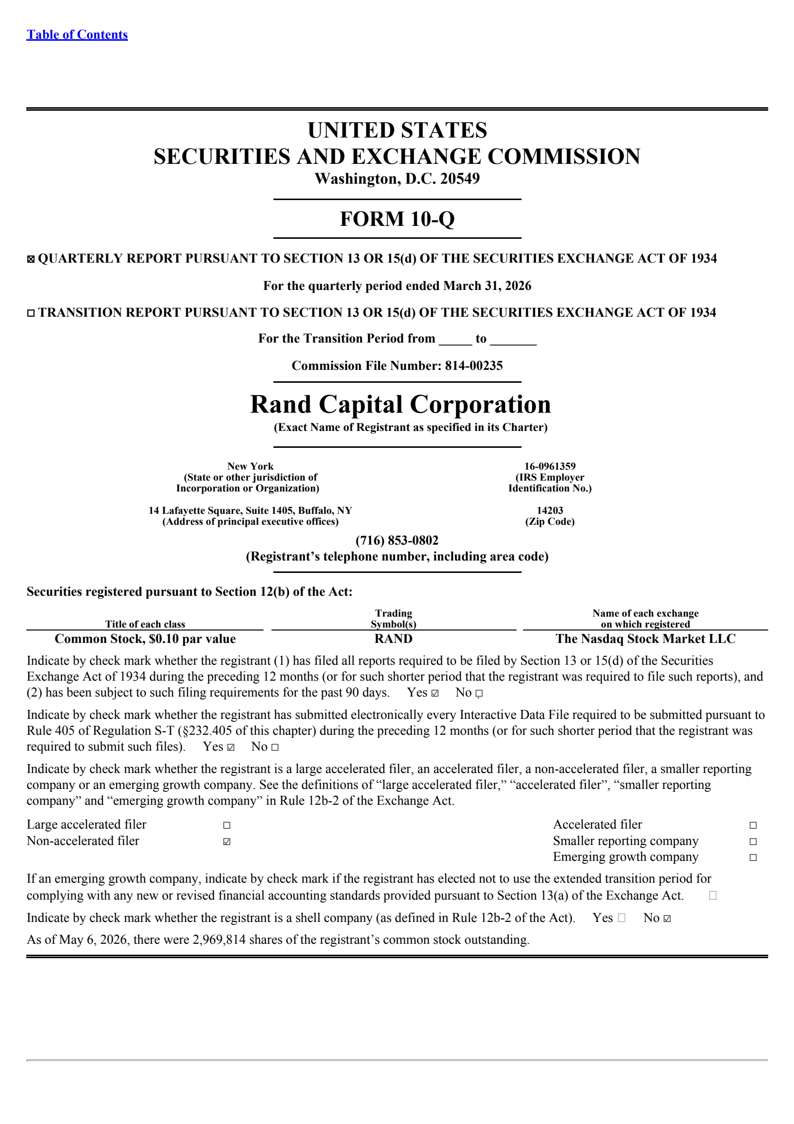 Rand Capital's Q1 2026 Quarterly report