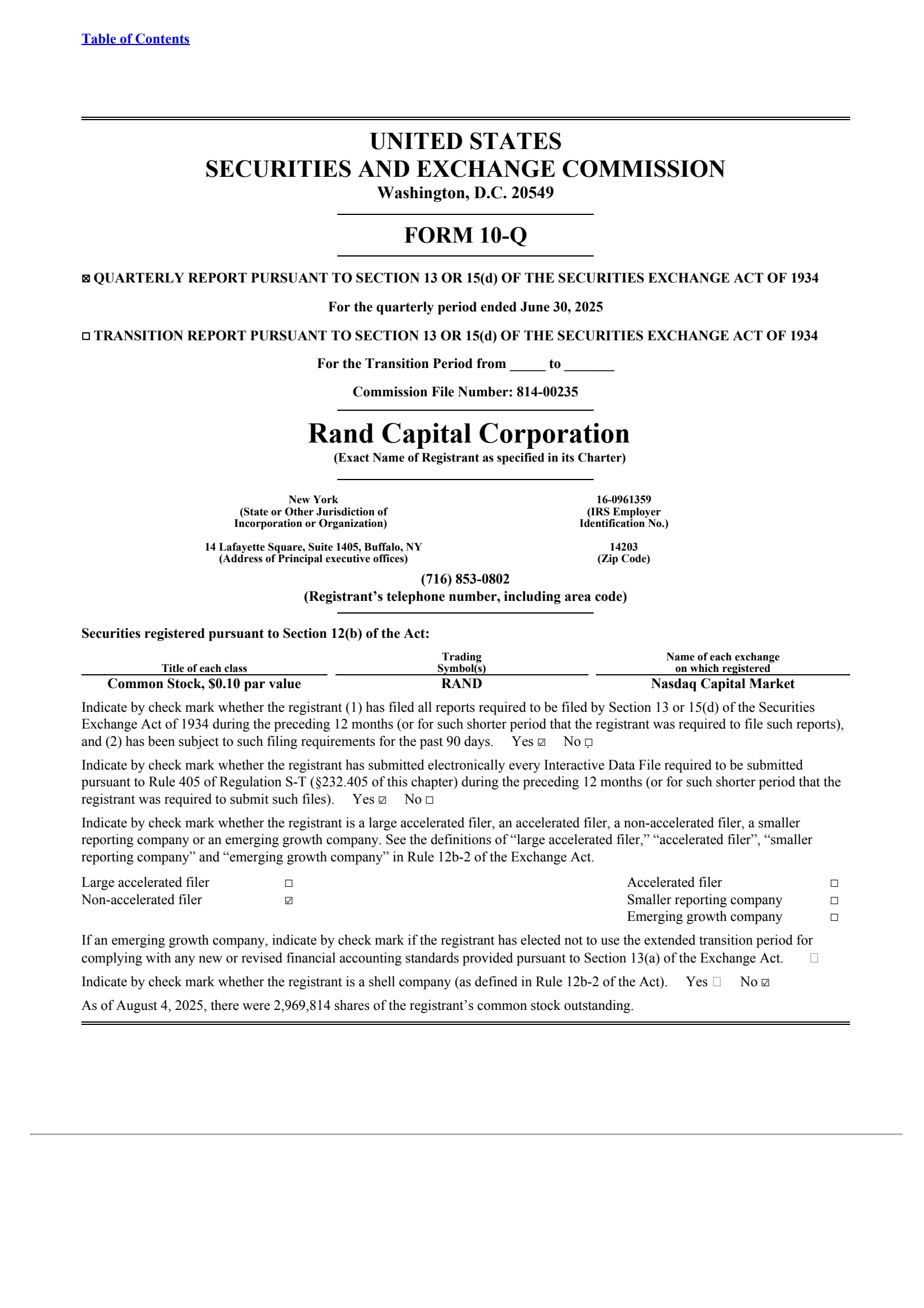 Rand Capital's Q2 2025 Quarterly report