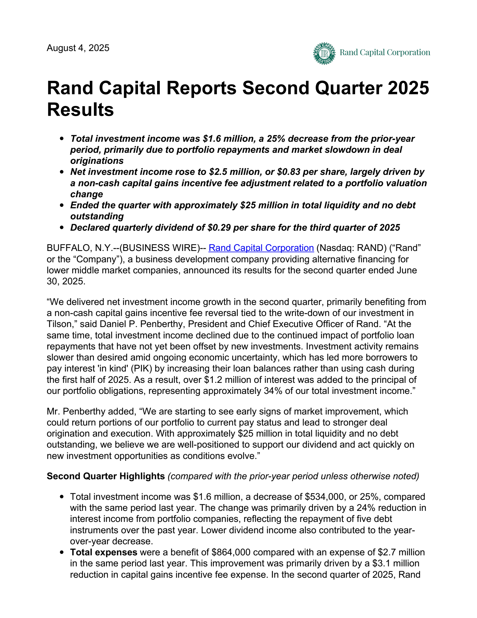 Rand Capital's Q2 2025 Press Release