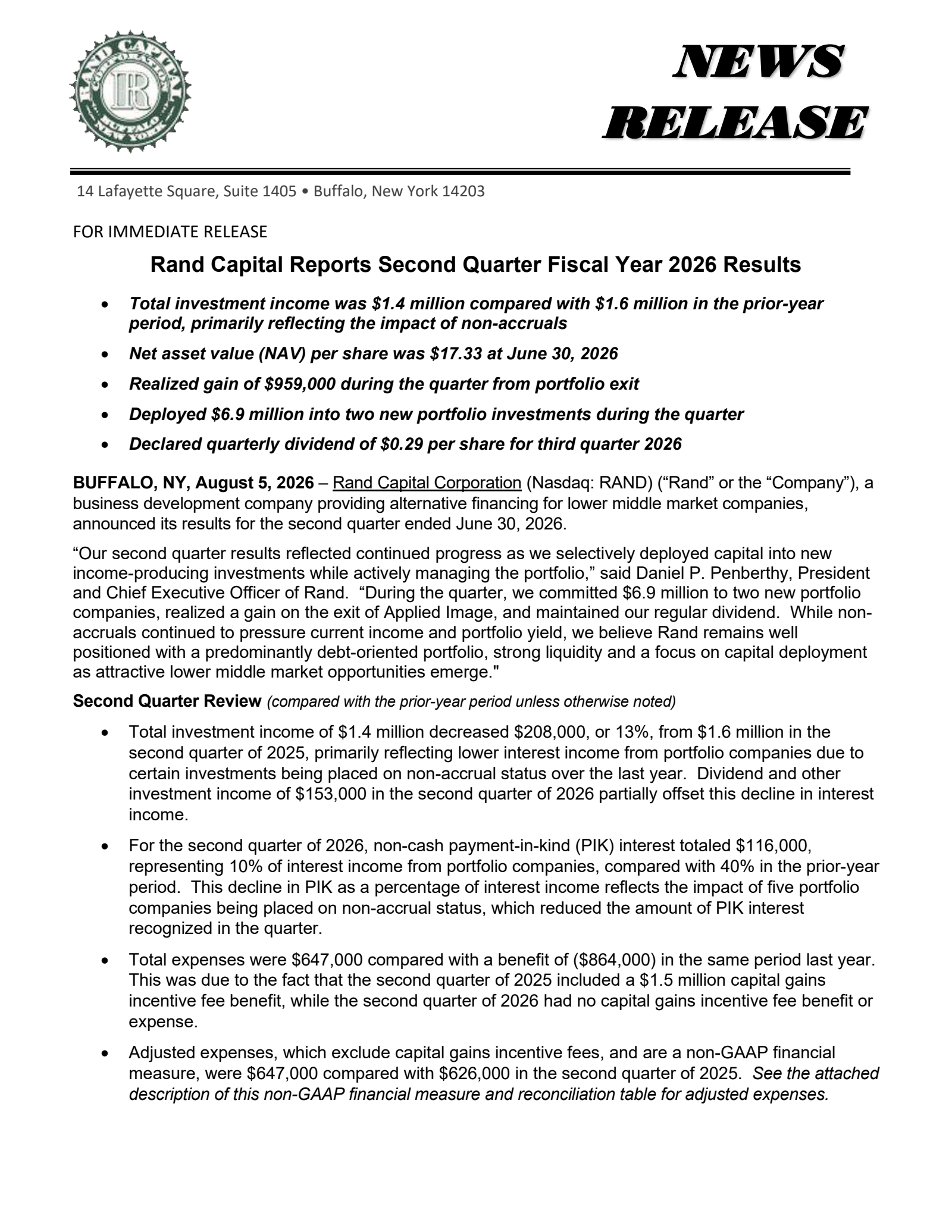 Rand Capital's Q2 2026 Press Release