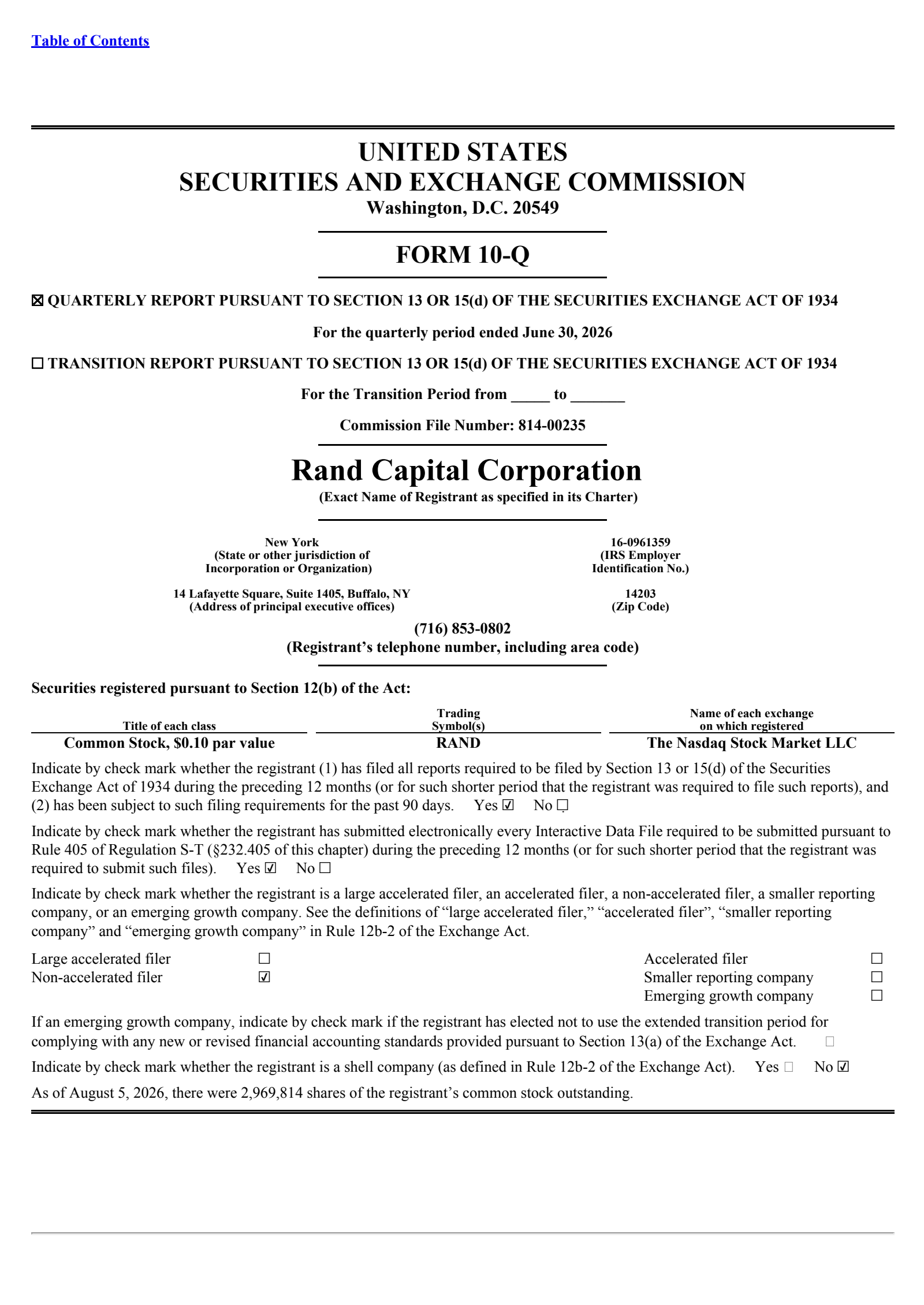 Rand Capital's Q2 2026 Quarterly report