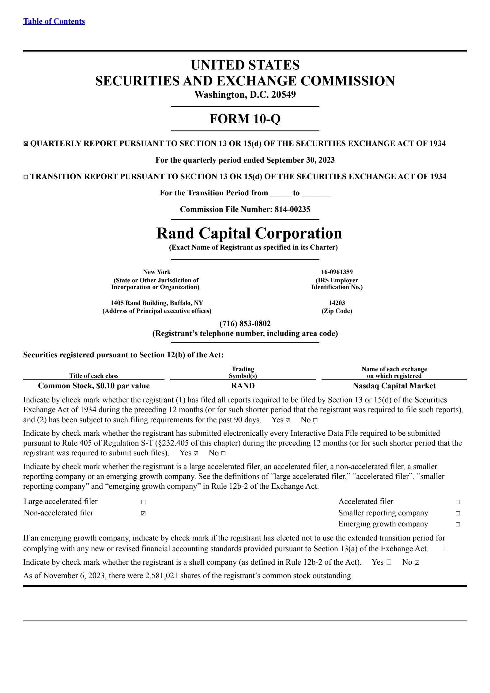 Rand Capital's Q3 2023 Quarterly report