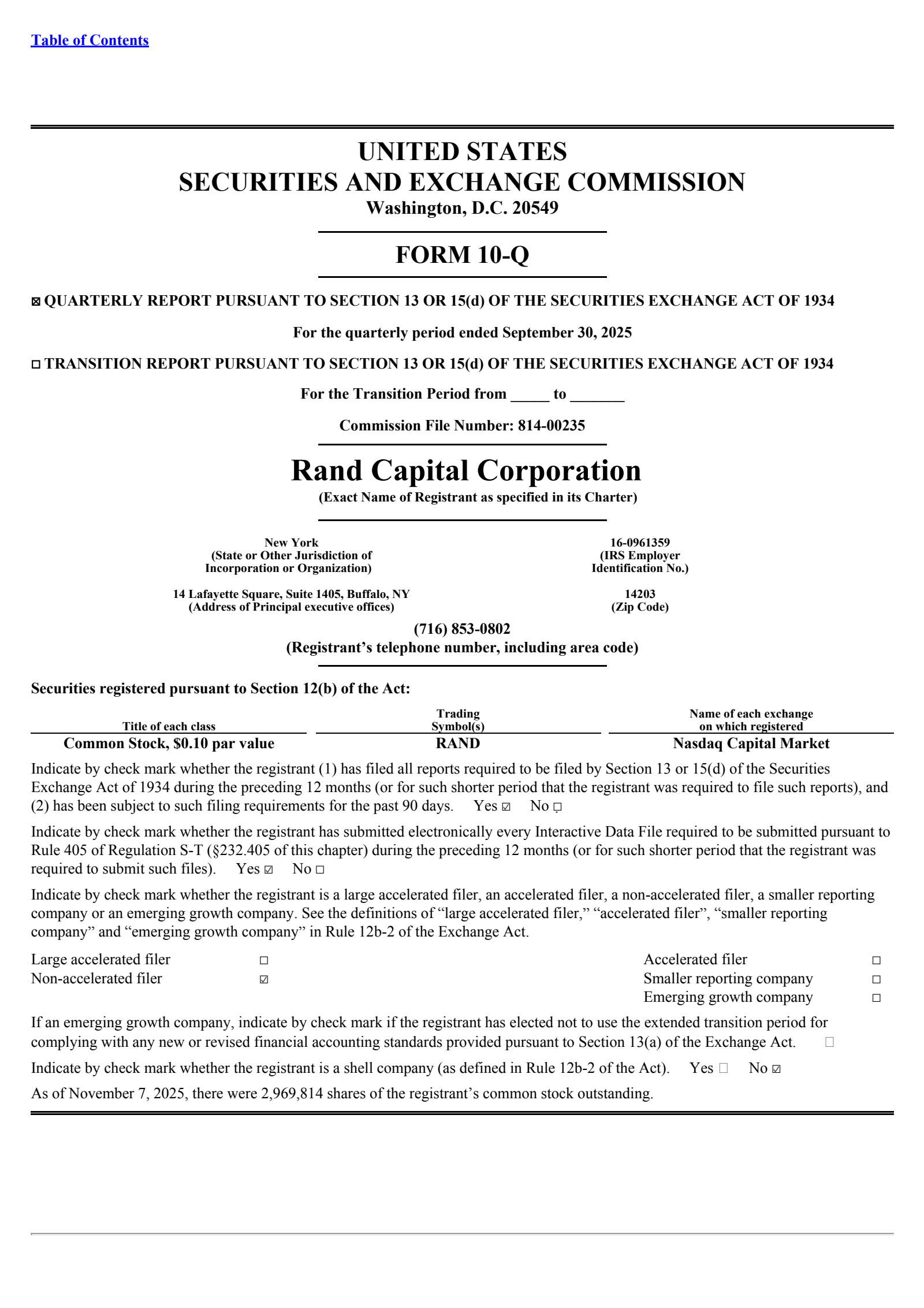 Rand Capital's Q3 2025 Quarterly Report