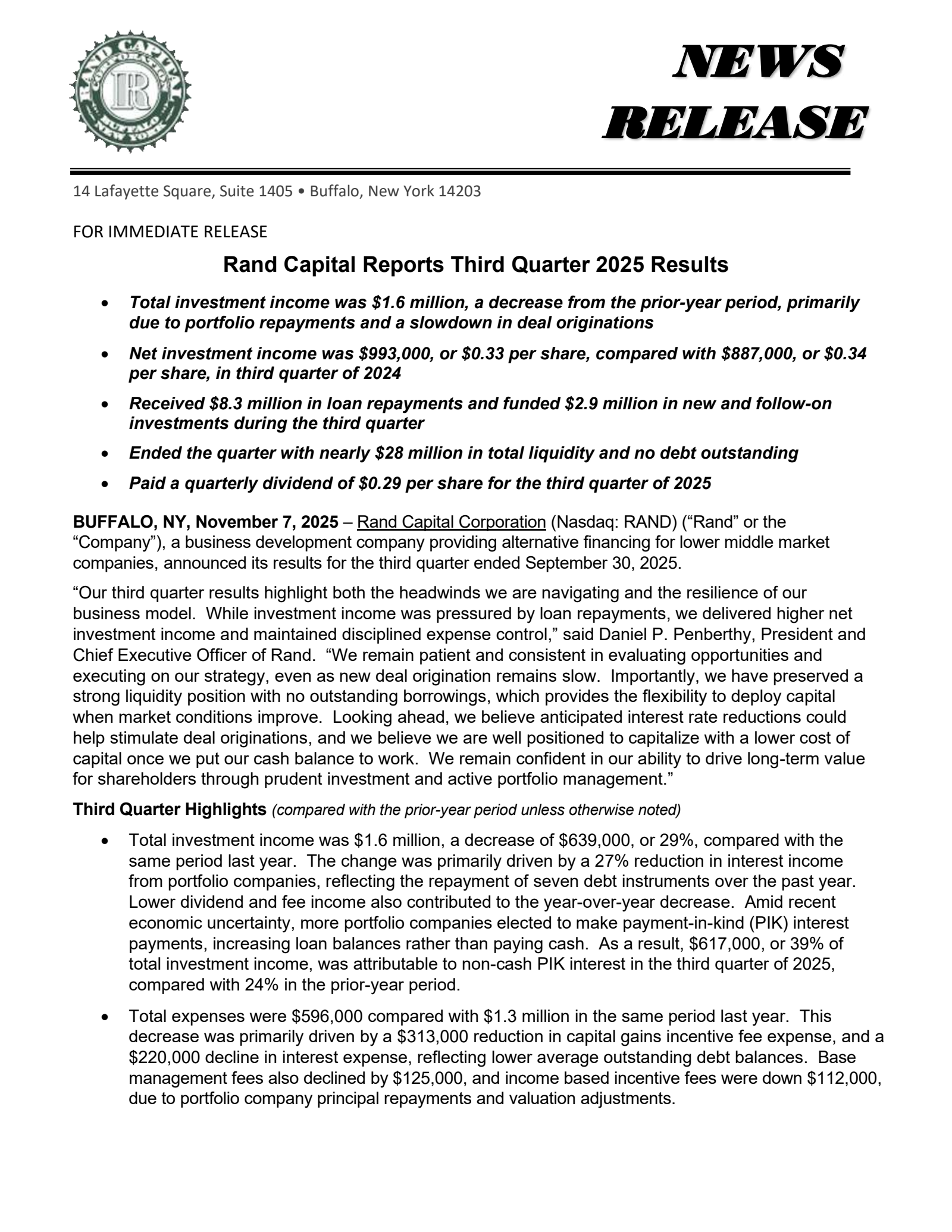 Rand Capital's Q3 2025 Earnings Release