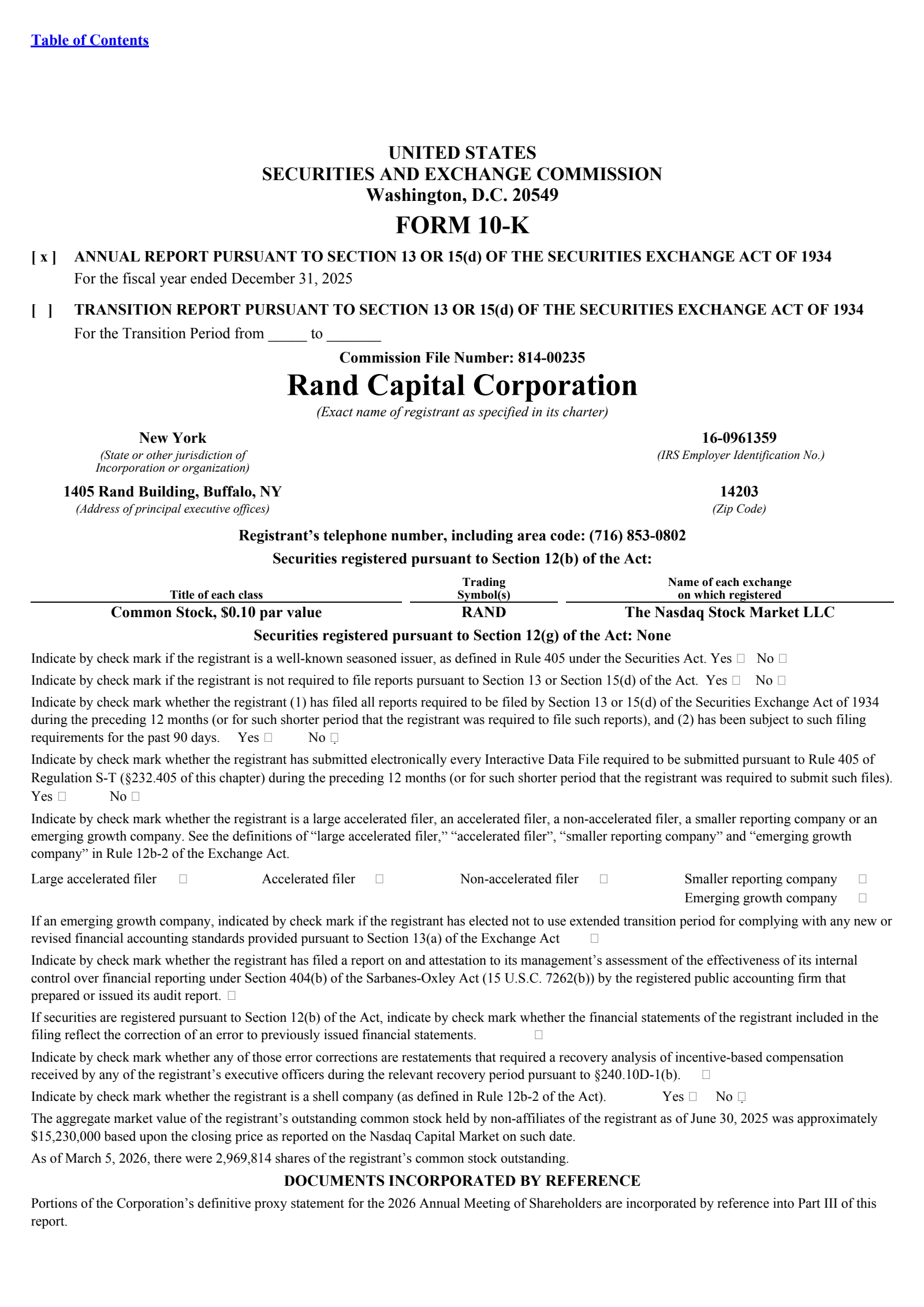 Rand Capital's Q4 2025 Annual report