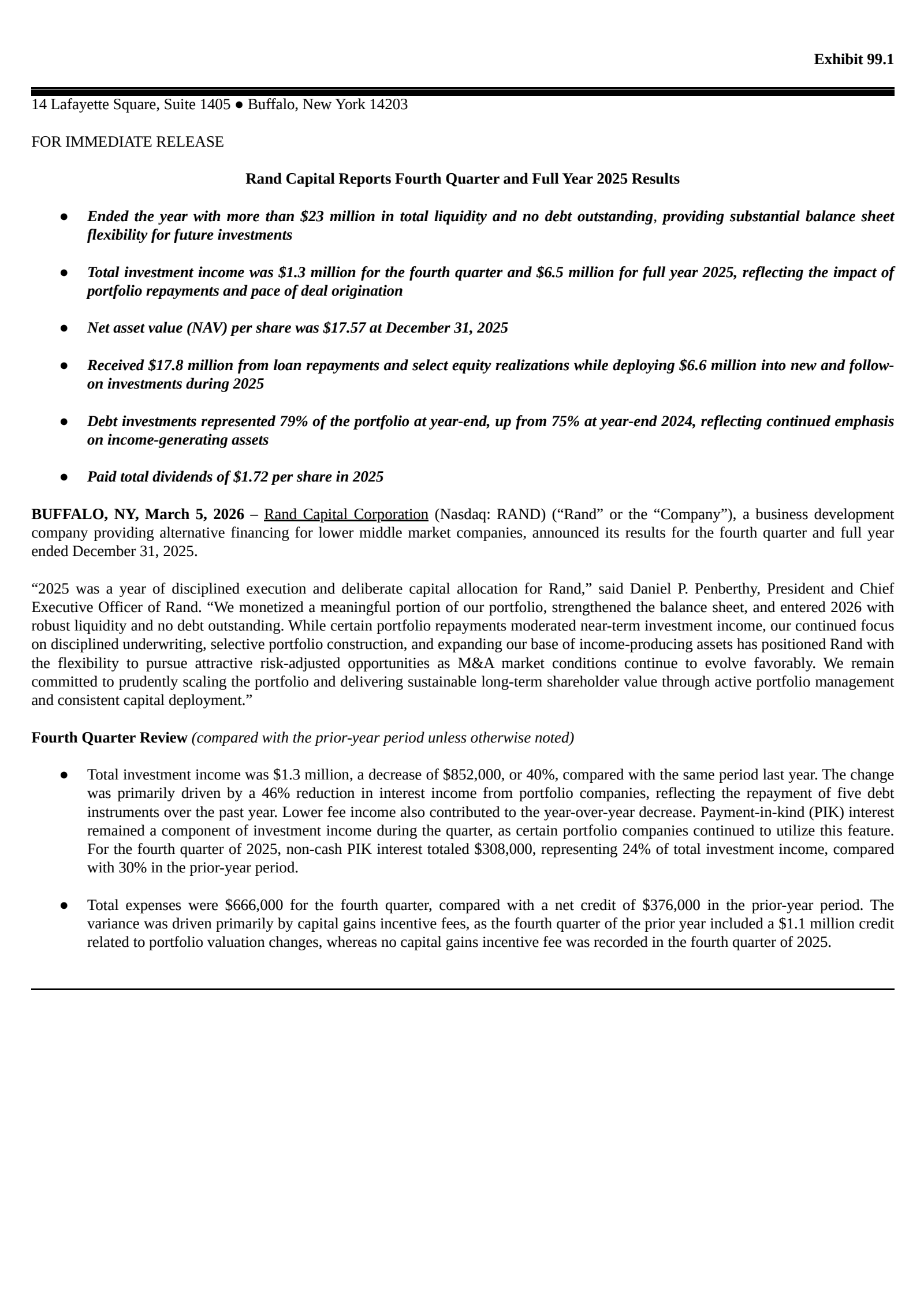 Rand Capital's Q4 2025 Press Release