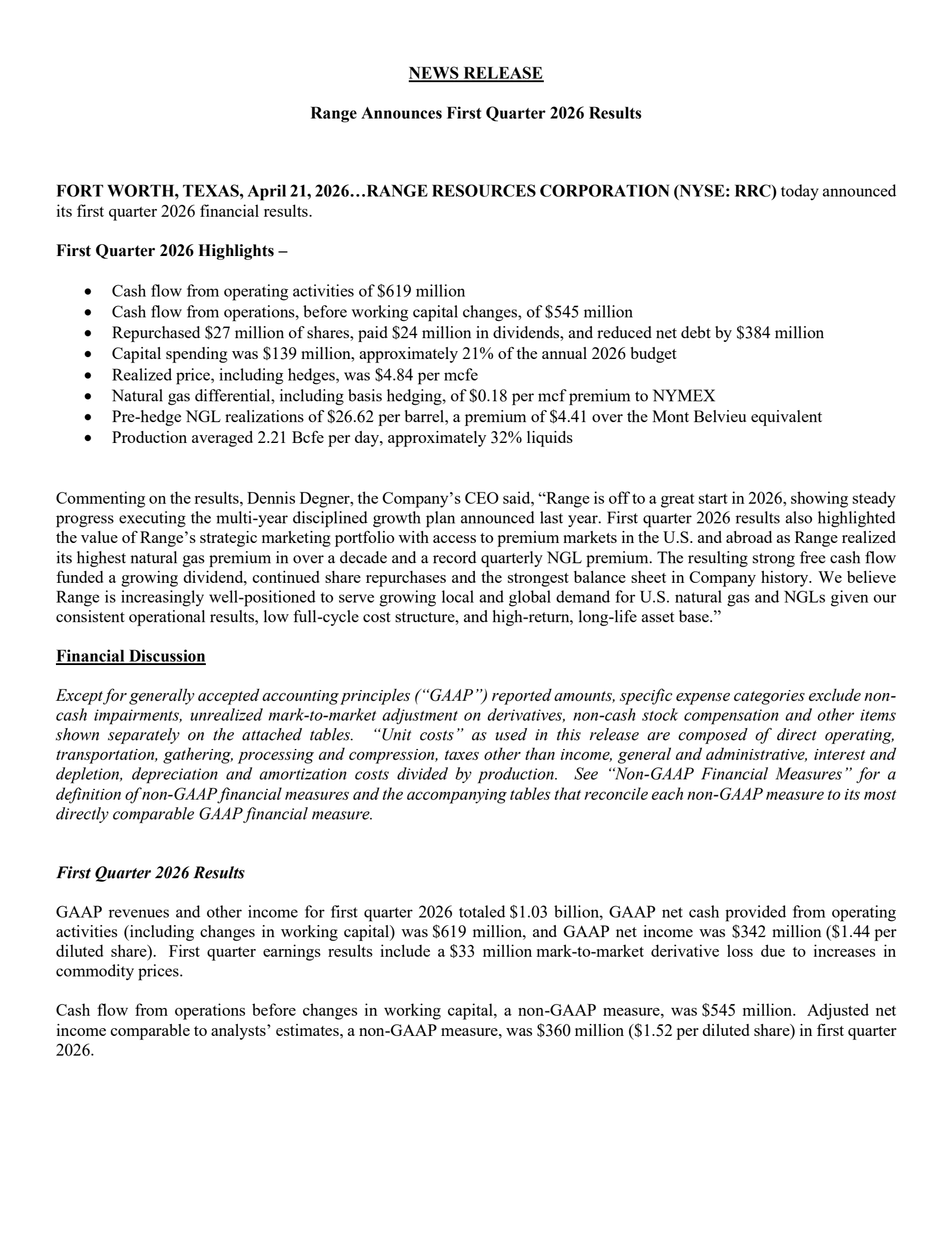 Range Resources' Q1 2026 Press Release