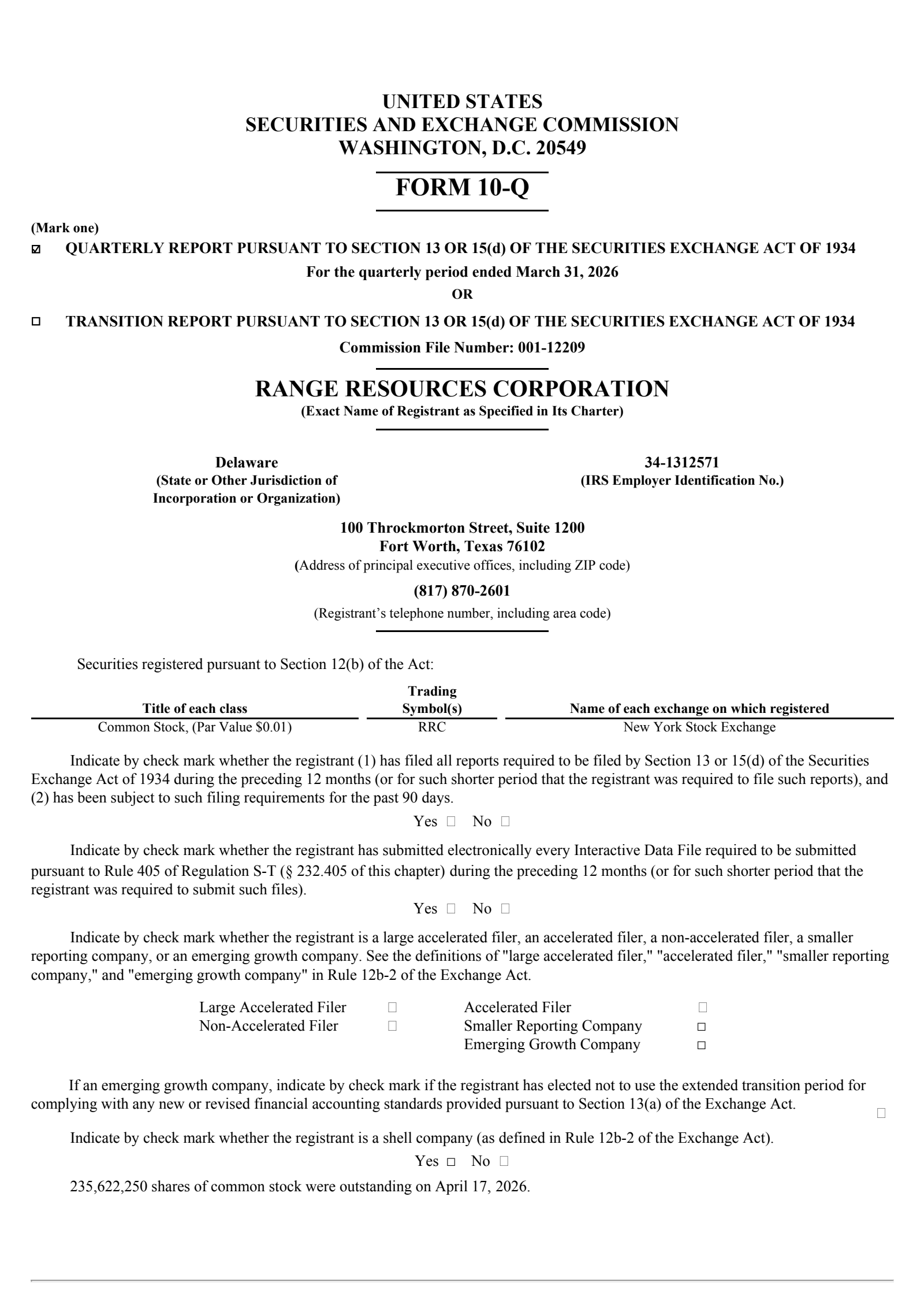Range Resources' Q1 2026 Quarterly report