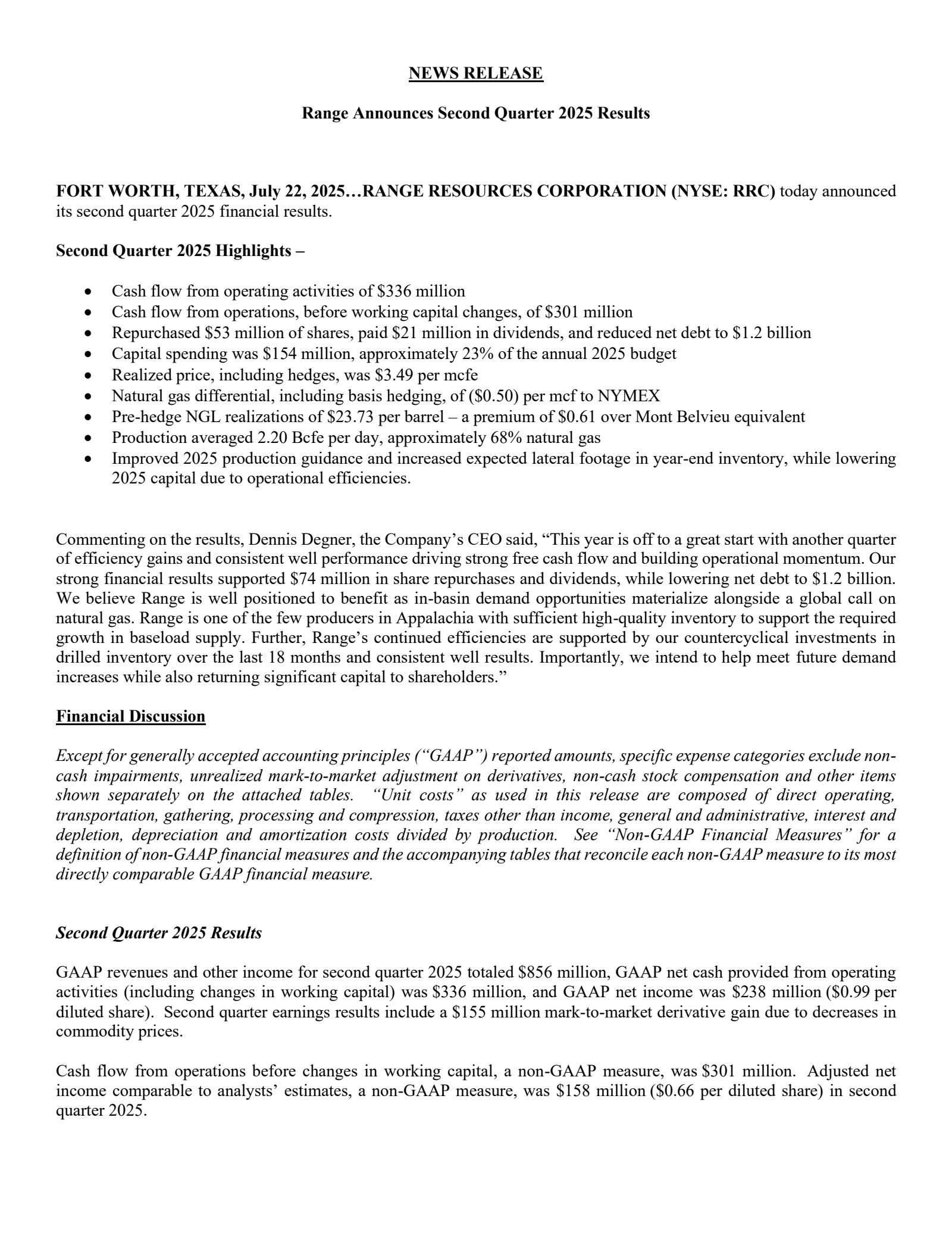 Range Resources' Q2 2025 Press Release