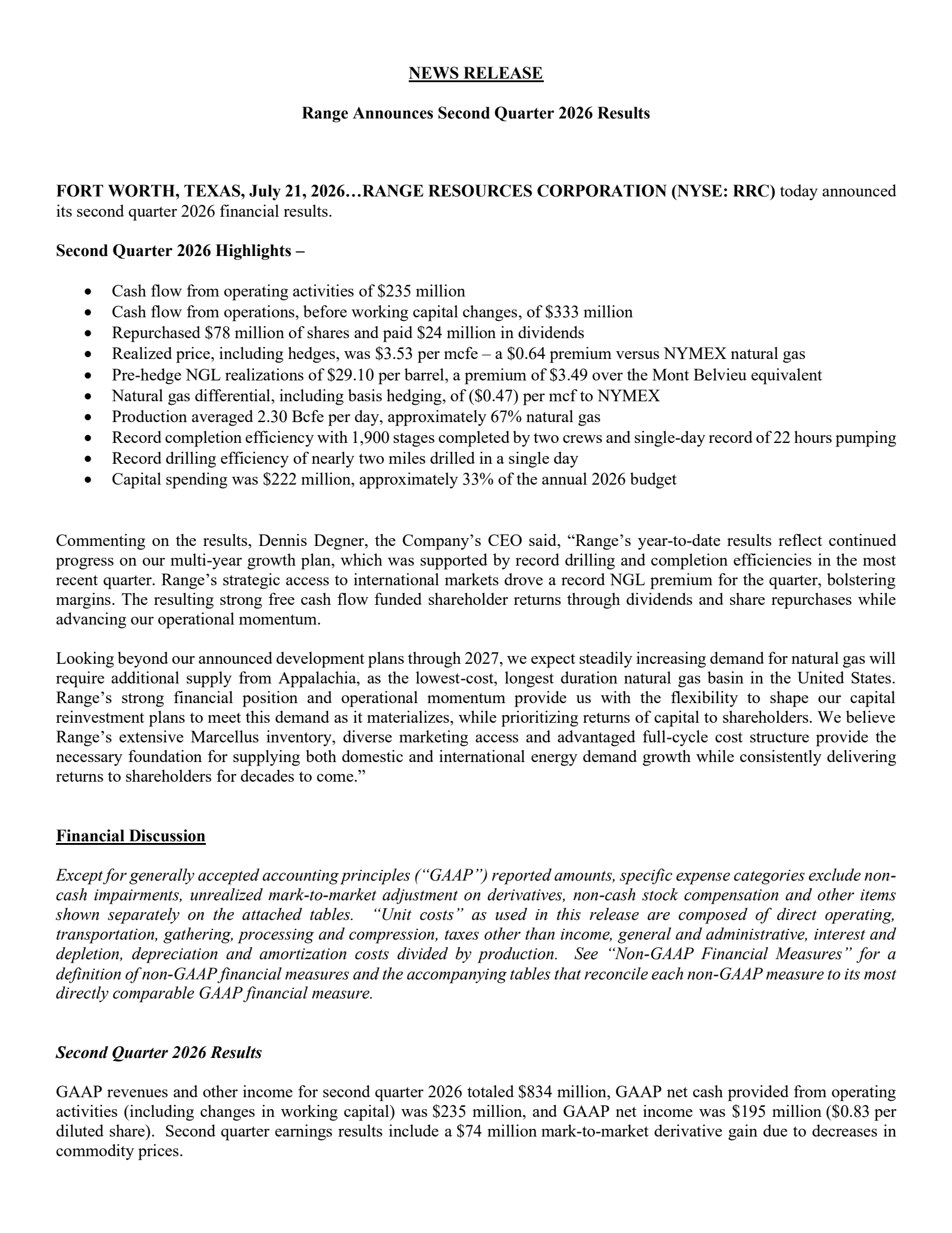 Range Resources' Q2 2026 Press Release