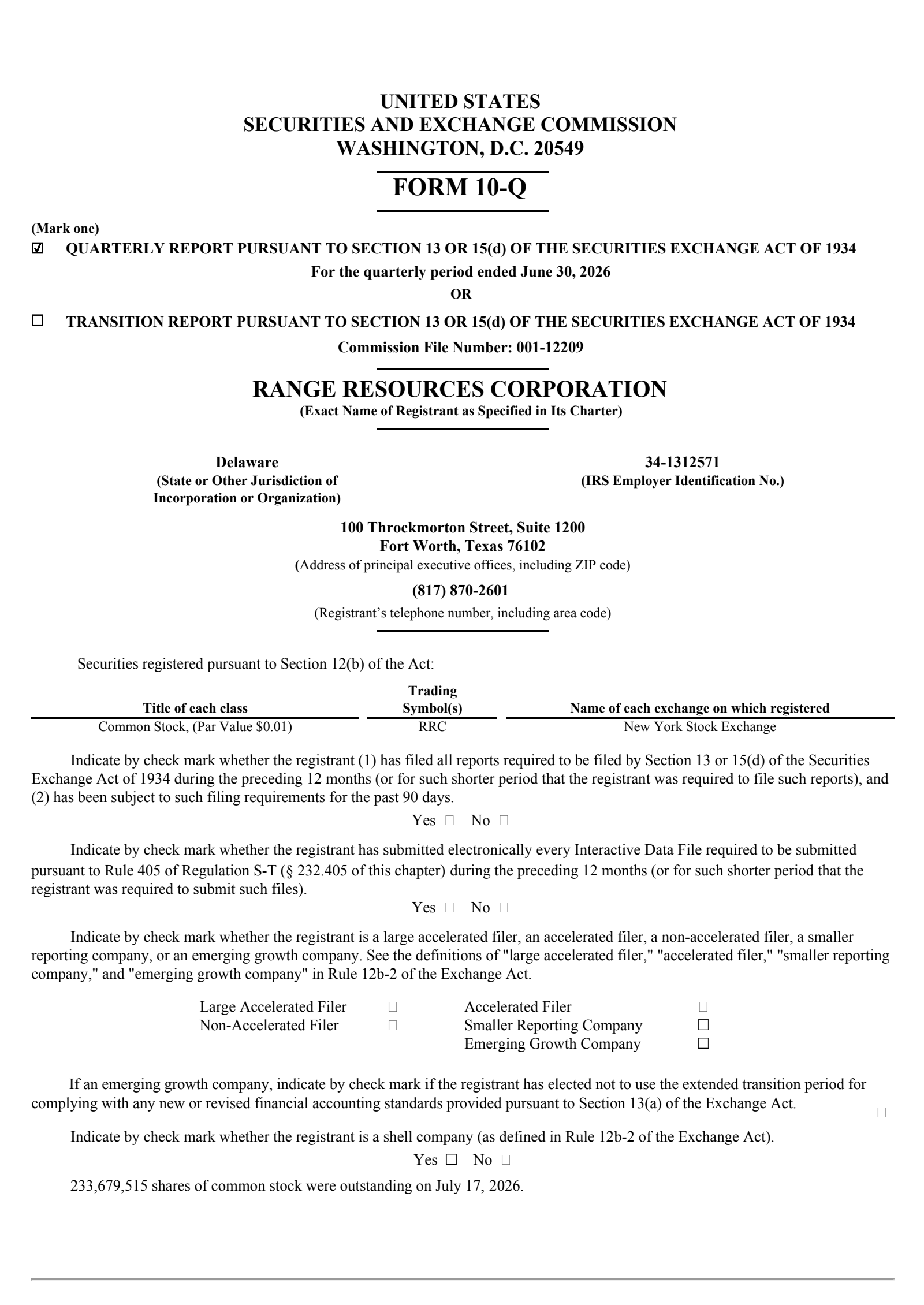 Range Resources' Q2 2026 Quarterly report