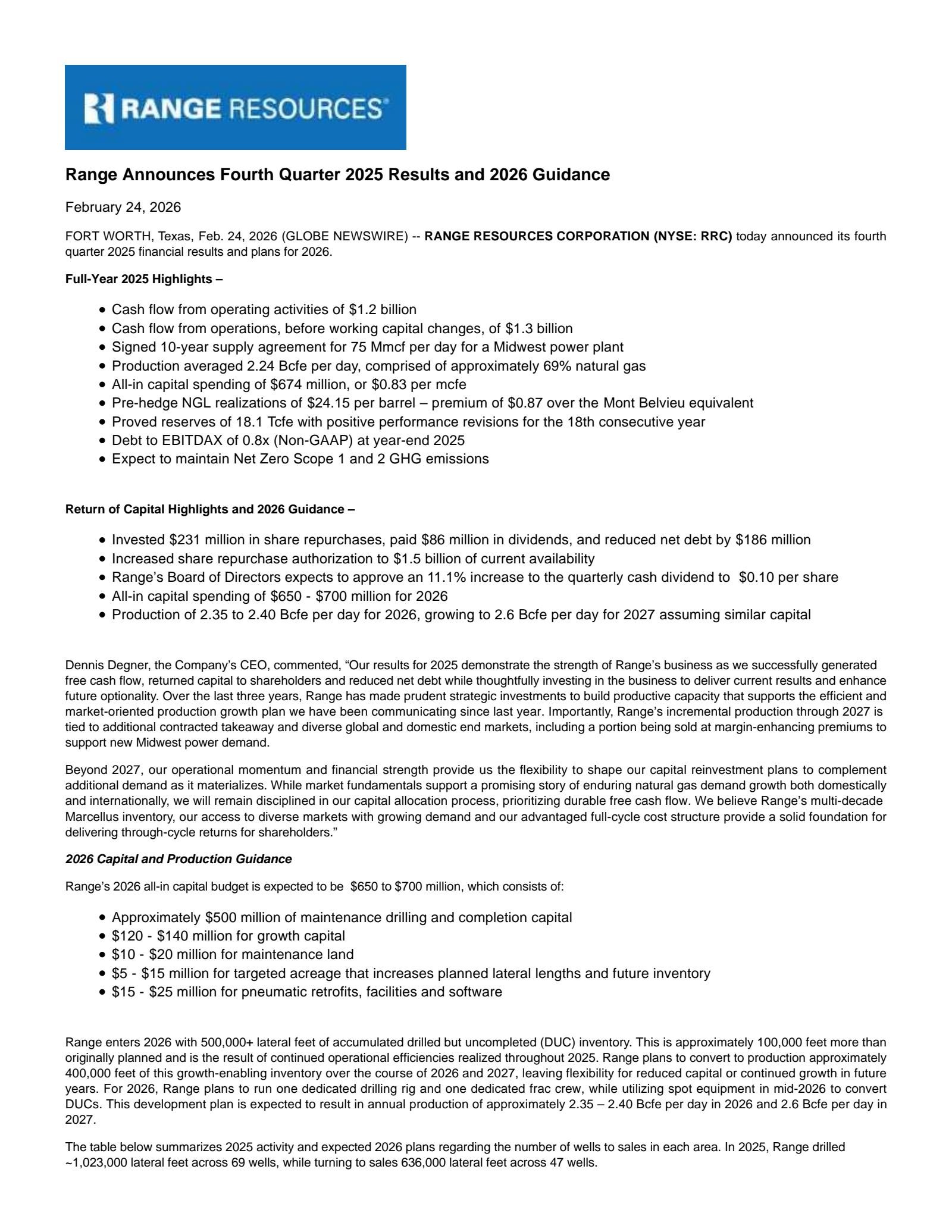 Range Resources' Q4 2025 Press Release
