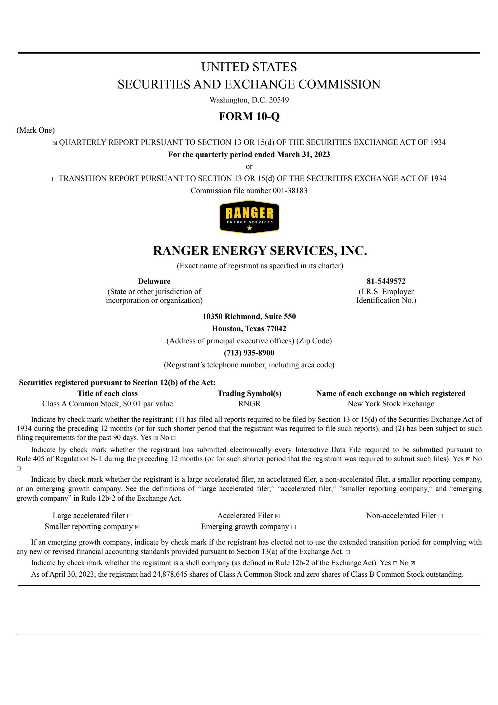 Ranger Energy Services' Q1 2023 Quarterly report